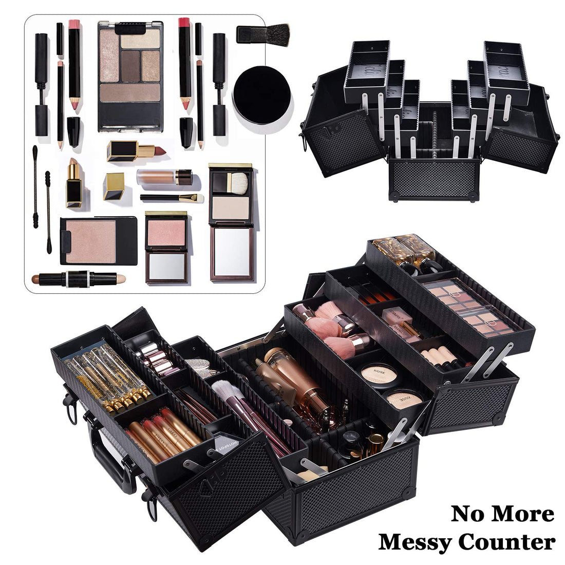Joligrace Professional Makeup Train Storage Organizer with Lock, Compartments and 6 Trays (Black, Large, 14)