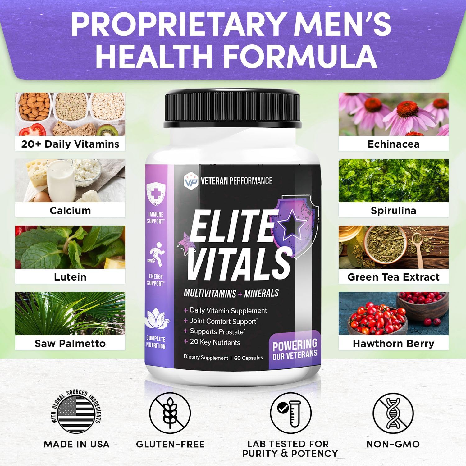 Veteran Performance Elite Vitals Multivitamin for Men – Daily Mens Multivitamins Ages Over 20 Plus – Prostrate Energy Immune Joint Support – Daily Mens Vitamins and Minerals (60 Capsules)