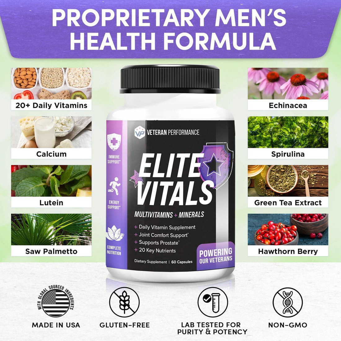 Veteran Performance Elite Vitals Multivitamin for Men – Daily Mens Multivitamins Ages Over 20 Plus – Prostrate Energy Immune Joint Support – Daily Mens Vitamins and Minerals (60 Capsules)