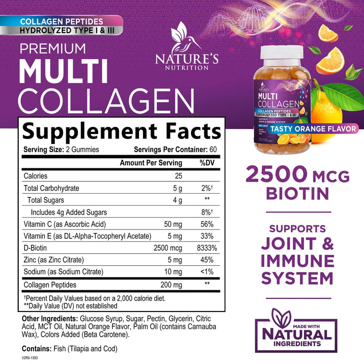 Collagen Gummies with 2500mcg Biotin, Vitamin C & Zinc - Hydrolyzed Type 1 & 3 Multi Collagen Peptides Supplement - Support for Hair, Skin, Nails & Joints, For Women & Men, Orange Flavored - 120 Count