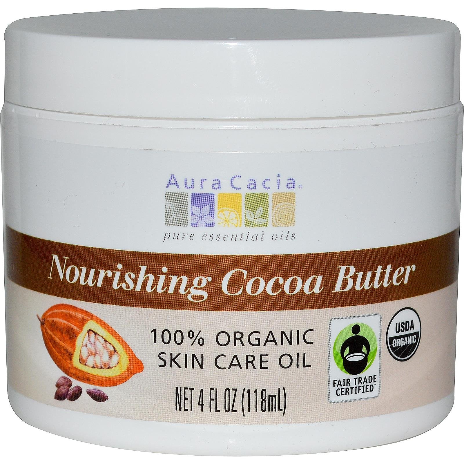 Aura Cacia Natural Cocoa Butter, Natural Body Butter, Fair Trade CertifiedTM, Organic, 4 Oz. Jar