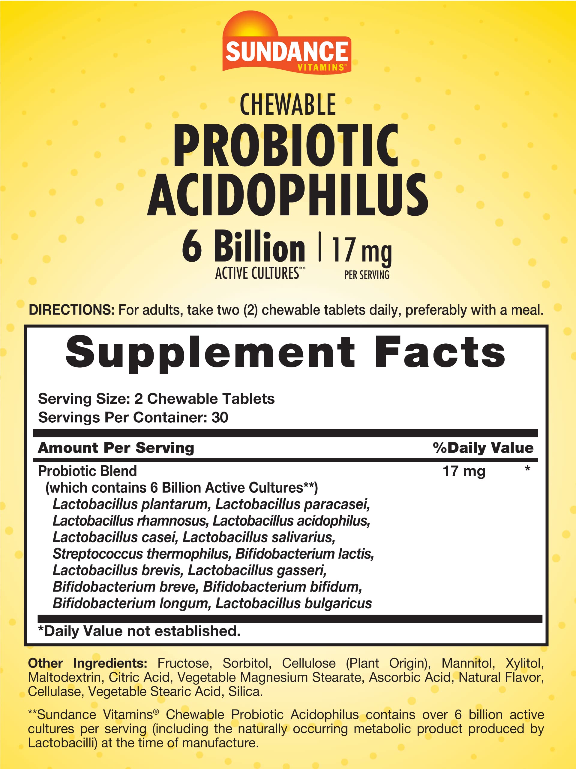 Sundance Probiotic Aciophilus 17mg | 6 Billion Active Cultures | 60 Chewable Tablets | Berry Flavor | Vegetarian, Non-GMO, and Gluten Free Supplement
