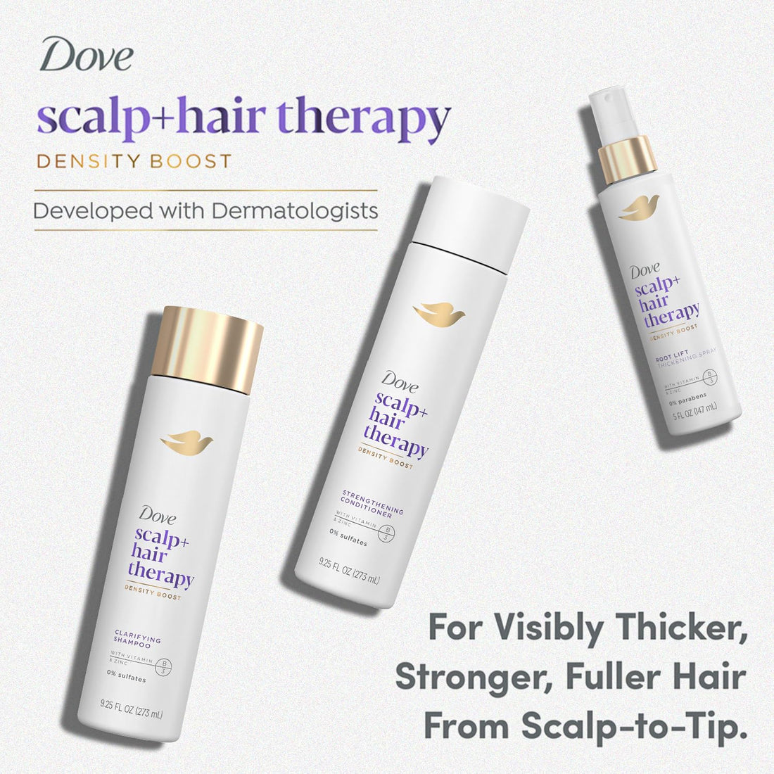 Dove Scalp + Hair Therapy Bundle – Density Boost Clarifying Shampoo and Strengthening Conditioner + Root Lift Thickening Spray with Vitamins B3 & E, Zinc & Peptides (3 Piece Set)