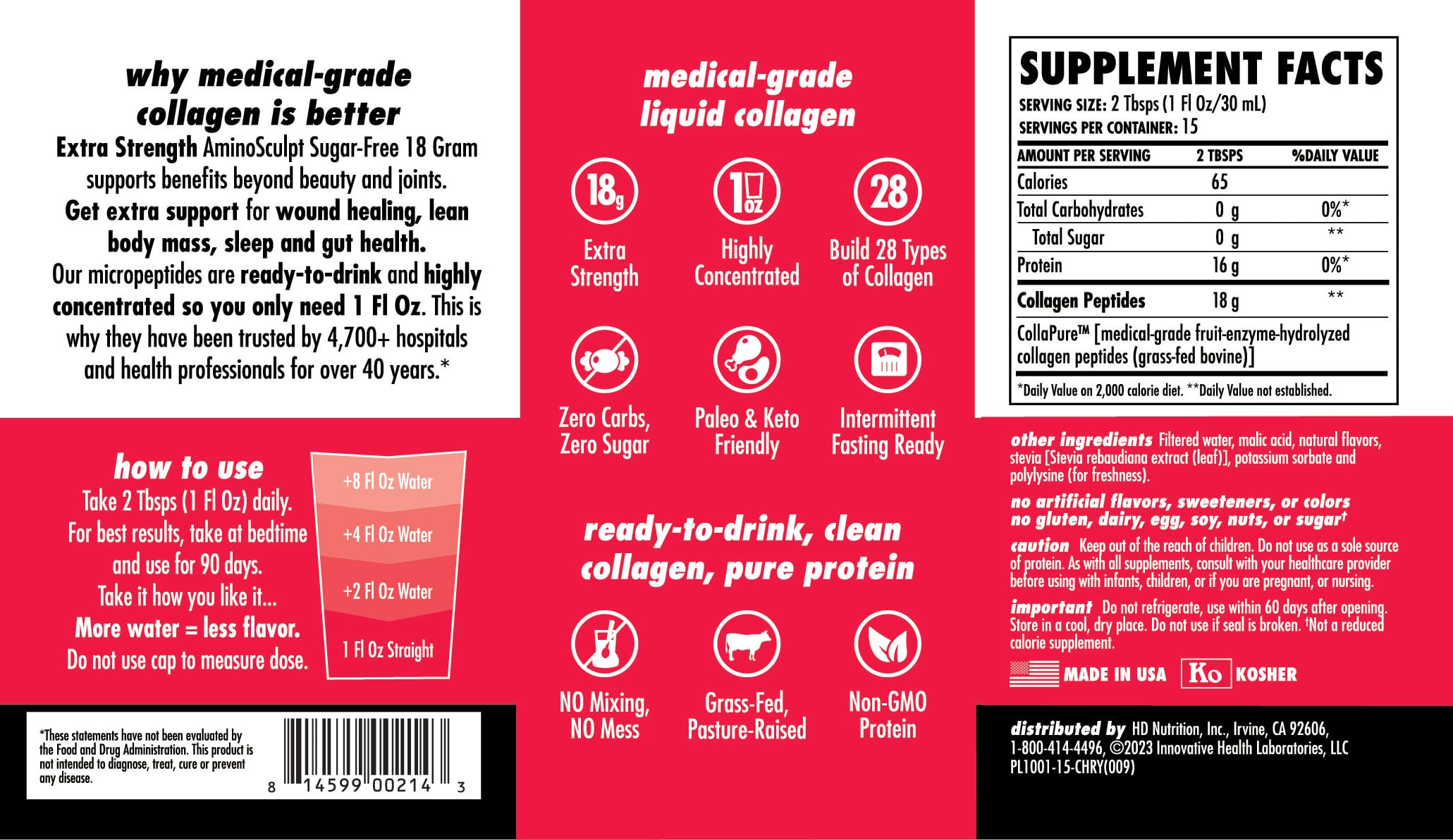 HEALTH DIRECT AminoSculpt Sugar-Free Collagen Supplement - High Potency Medical-Grade Protein for Hair, Skin, Nails & Joints, Grass-Fed, Non-GMO, Liquid Collagen - Tart Cherry - 15 Fl Oz