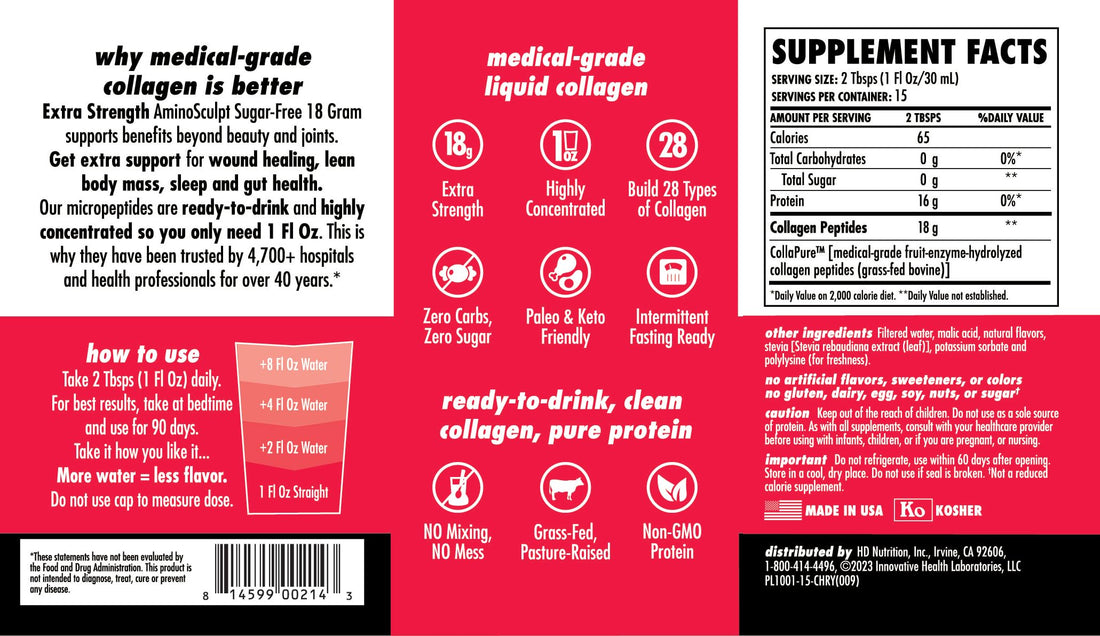 HEALTH DIRECT AminoSculpt Sugar-Free Collagen Supplement - High Potency Medical-Grade Protein for Hair, Skin, Nails & Joints, Grass-Fed, Non-GMO, Liquid Collagen - Tart Cherry - 15 Fl Oz
