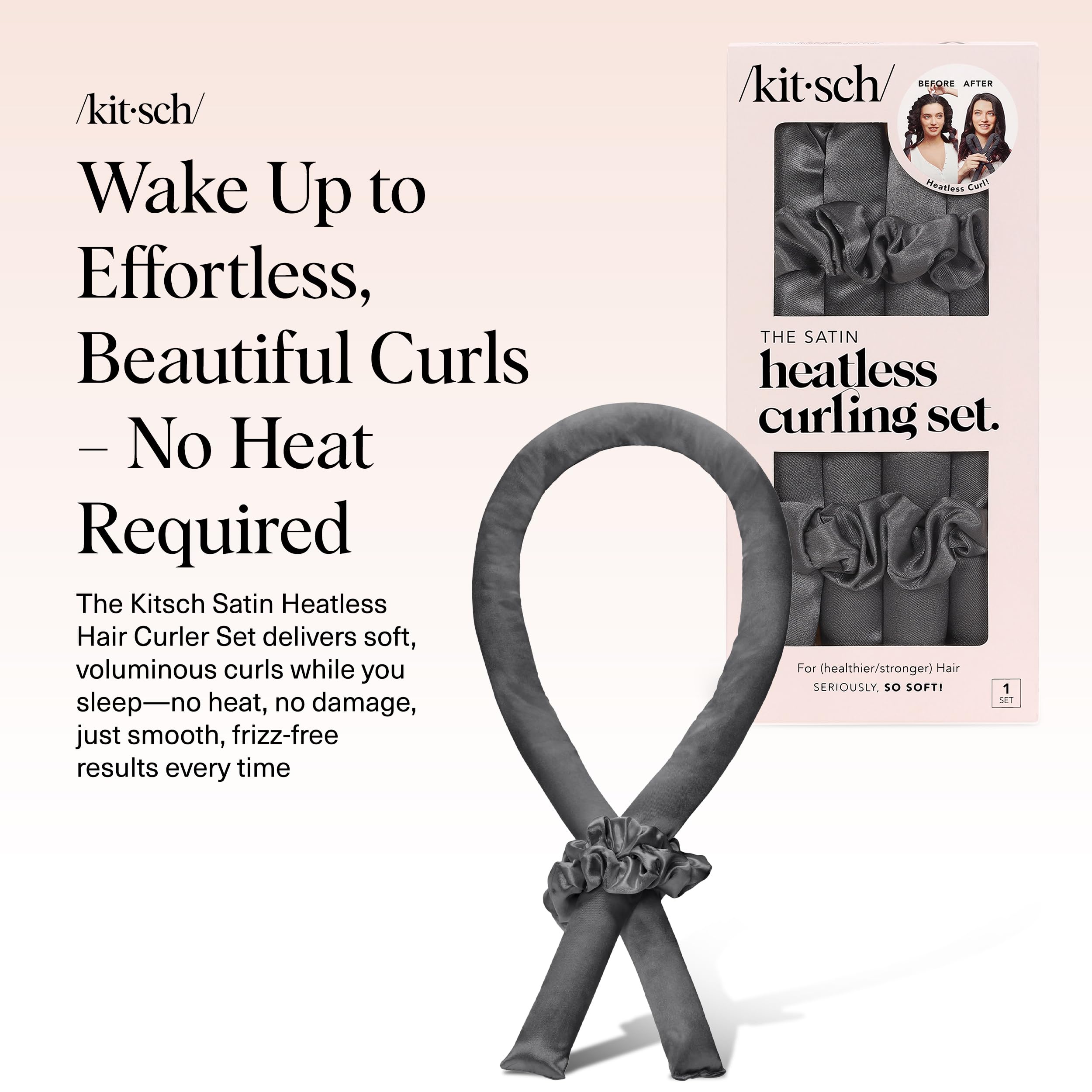 Kitsch Satin Heatless Curling Set – Heatless Hair Curler for Women, Hair Curler to Sleep In - with 2 Satin Scrunchies for Overnight Curls – No Heat Damage Styling with Heatless Curler - Charcoal