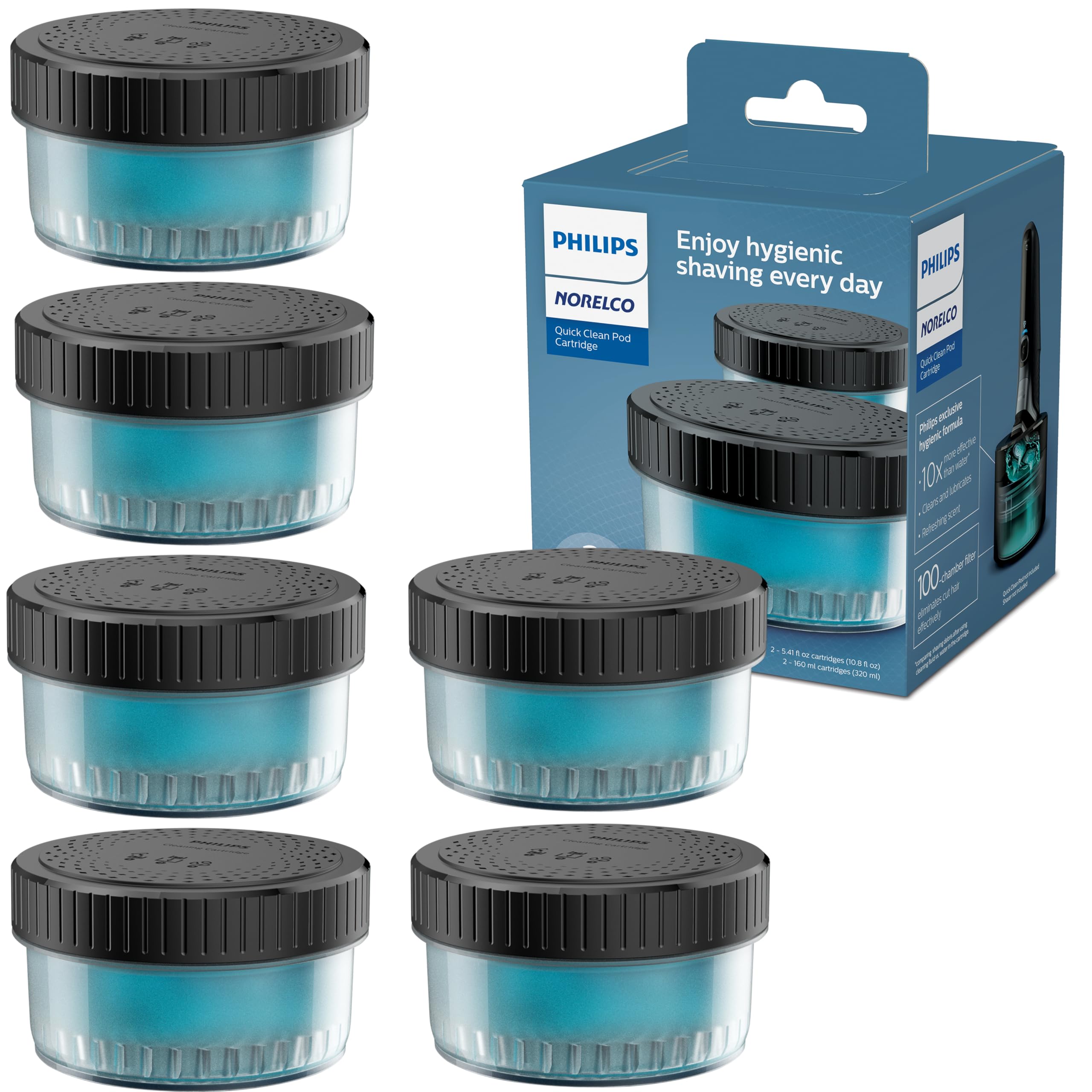 Norelco Philips Quick Clean Pod Cartridge, Lubricates Shaver & Eliminates Cut Hair, 6x 5.4 fl oz Cartridges (Up to 1.5yr Supply), BD9011AZ
