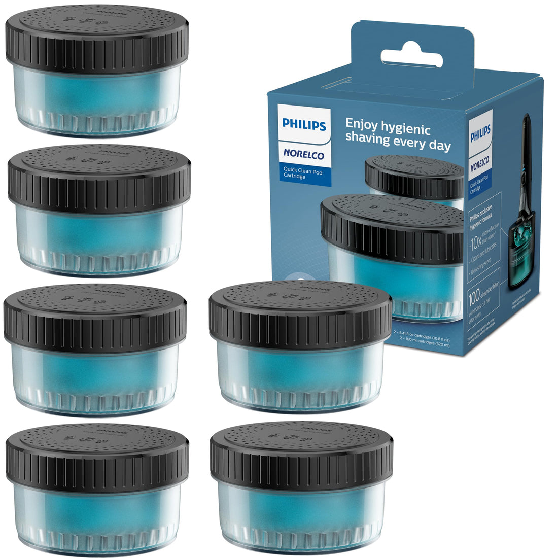 Norelco Philips Quick Clean Pod Cartridge, Lubricates Shaver & Eliminates Cut Hair, 6x 5.4 fl oz Cartridges (Up to 1.5yr Supply), BD9011AZ