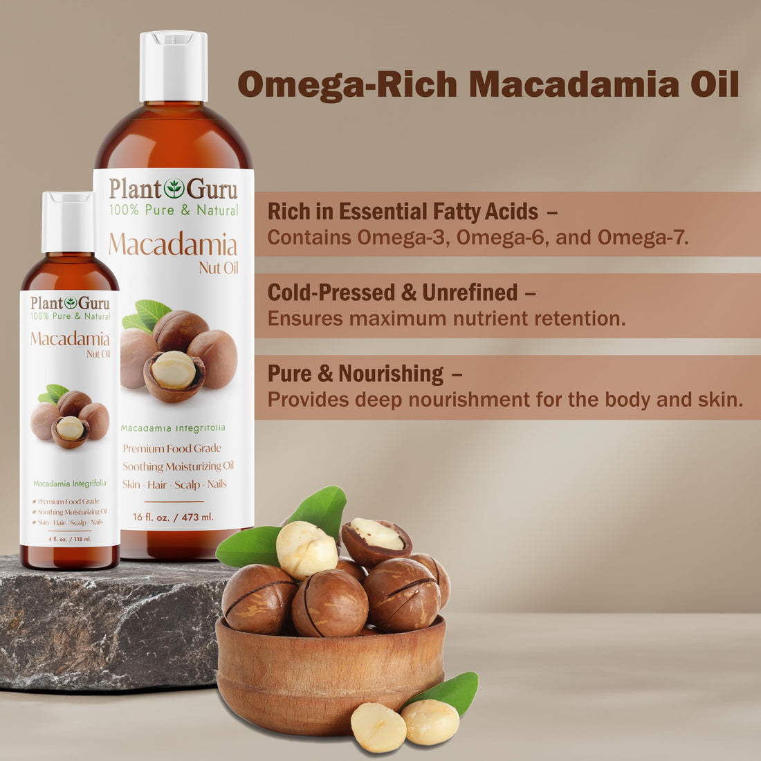 Macadamia Nut Oil 16 fl. oz. Unrefined Cold Pressed 100% Pure Natural - Skin, Hair, Body & Face Moisturizer.
