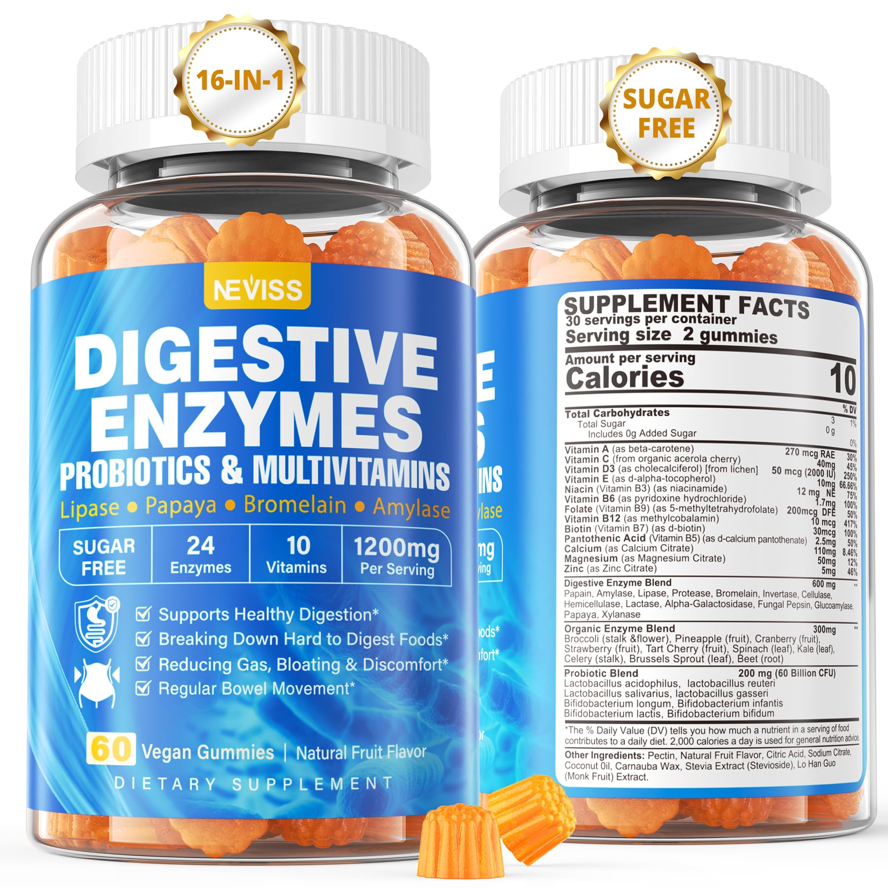 1Pack Digestive Enzymes with Probiotic Gummies, Multivitamins, Calcium, Magnesium - All 24 Essential Chewable Multi Enzymes - Papaya, Lipase, Amylase, Bromelain - Breaking Down Carbs, Proteins, Fats