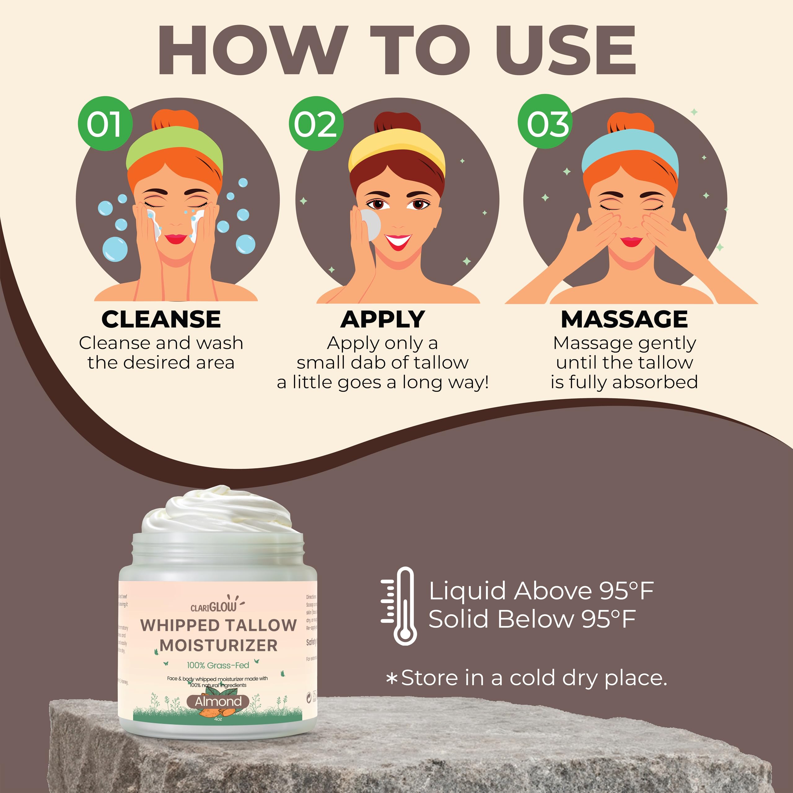 Whipped Beef Tallow Face Moisturizer | 100% Grass Fed Beef Tallow Skin Face Balm Cream | Lotion Balm Body Moisturizer with Honey & Almond | 4 oz | Natural Skin Care