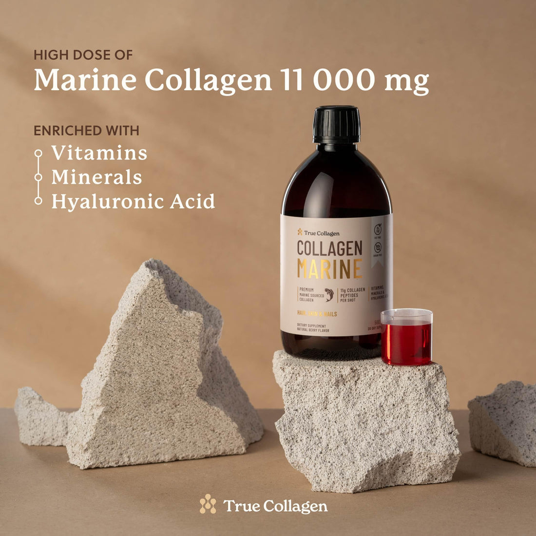 True Collagen Marine | 11,000 mg Hydrolyzed Collagen Liquid Supplement - 500 ml, 20 Day Supply | Hyaluronic Acid, Biotin and Vitamin C to Support Healthy Hair, Skin and Nails | Sugar-Free & Fat-Free
