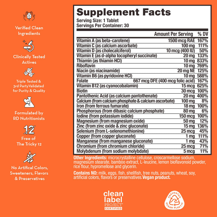 HUM Base Control - Daily Women's Multivitamin & Minerals w/B Complex, Vitamin C, 22 Micro-Nutrients + Iron & Biotin to Support Pre-Menopause Women - Non-GMO & Gluten-Free (30 Tablets)