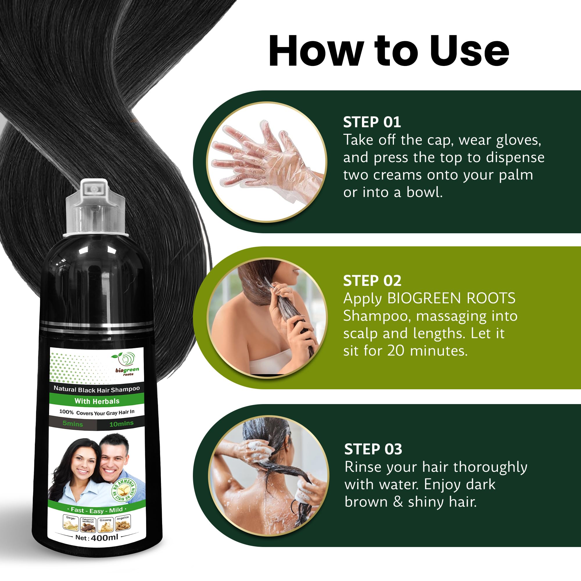 Ammonia-Free Herbal Hair Shampoo - Effectively Covers Gray Hair for Men and Women - Natural Color and Herbal Nourishment - No Stain on Skin - Natural Black (400 ml)