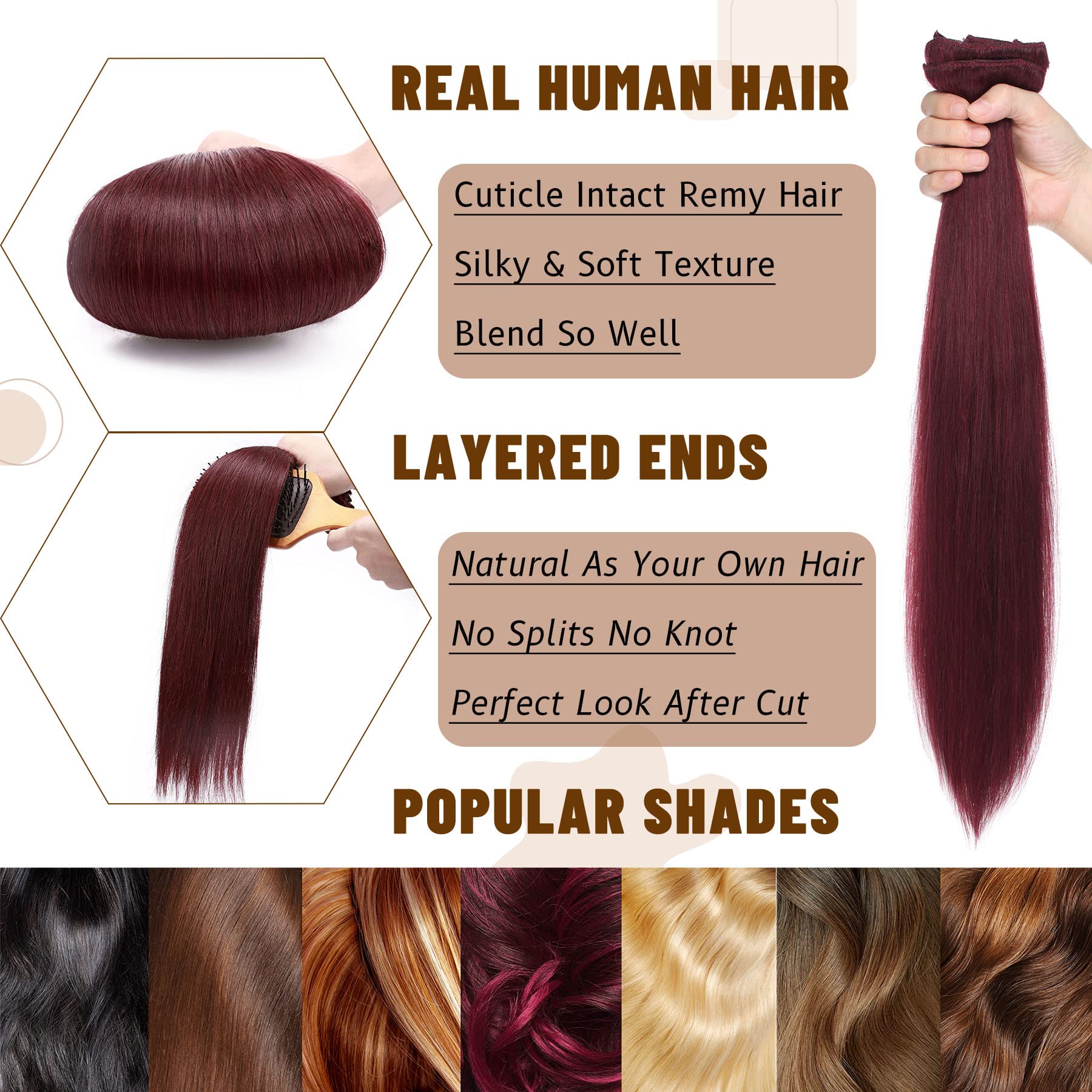 S-noilite Burgundy 100% Remy Human Hair Clip in Extensions Double Weft 16Inch Wine Red Straight Soft Grade 7A Quality 8pcs 18 Clips 130g Thick Full Head Brazilian Hair For Women #99J