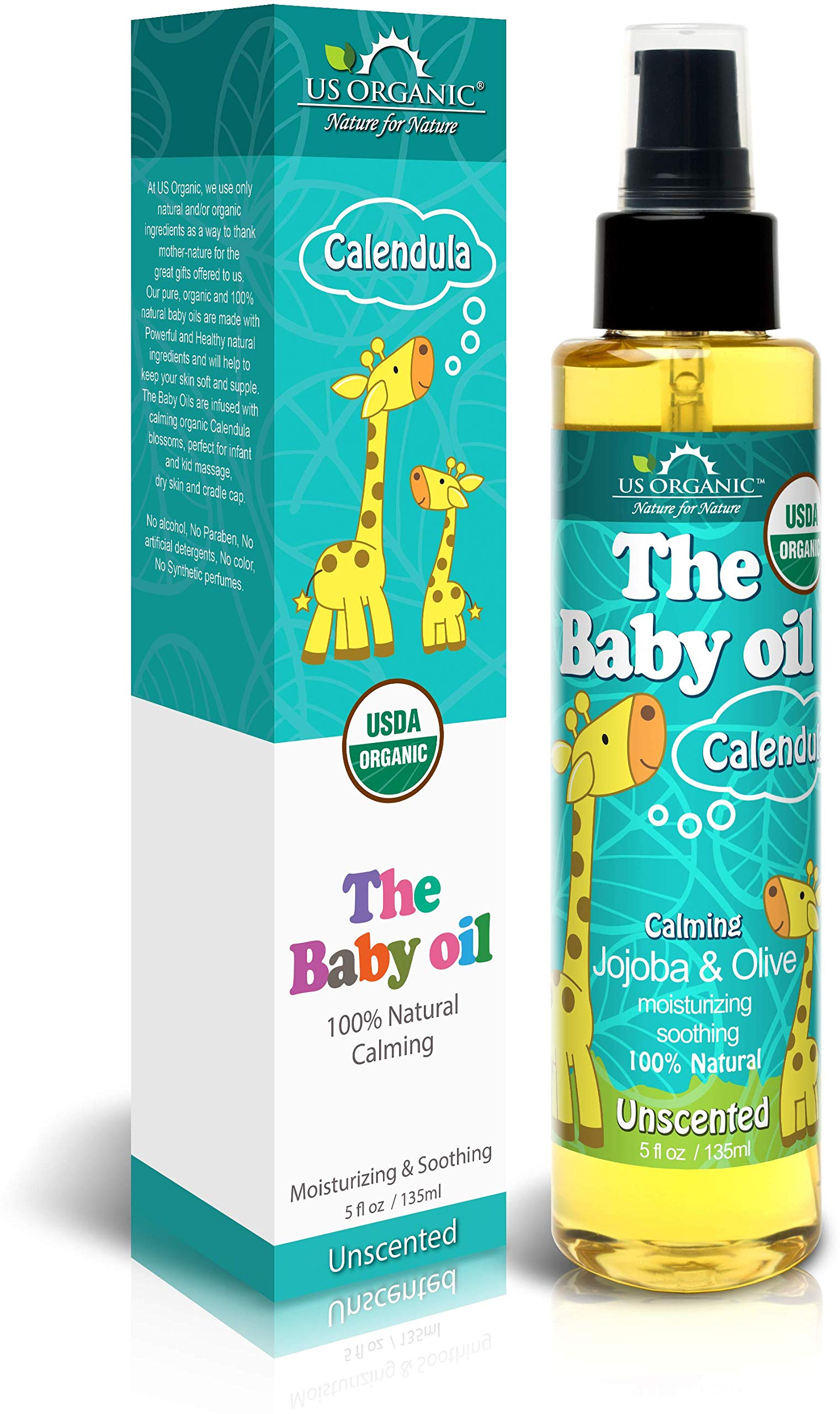 US Organic Baby Oil with Calendula, Jojoba, and Olive Oil with Vitamin E, USDA Certified Organic, No Alcohol, Paraben, Artificial Detergents, Color, Synthetic Perfumes, 5 fl. Oz (Pure Unscented)