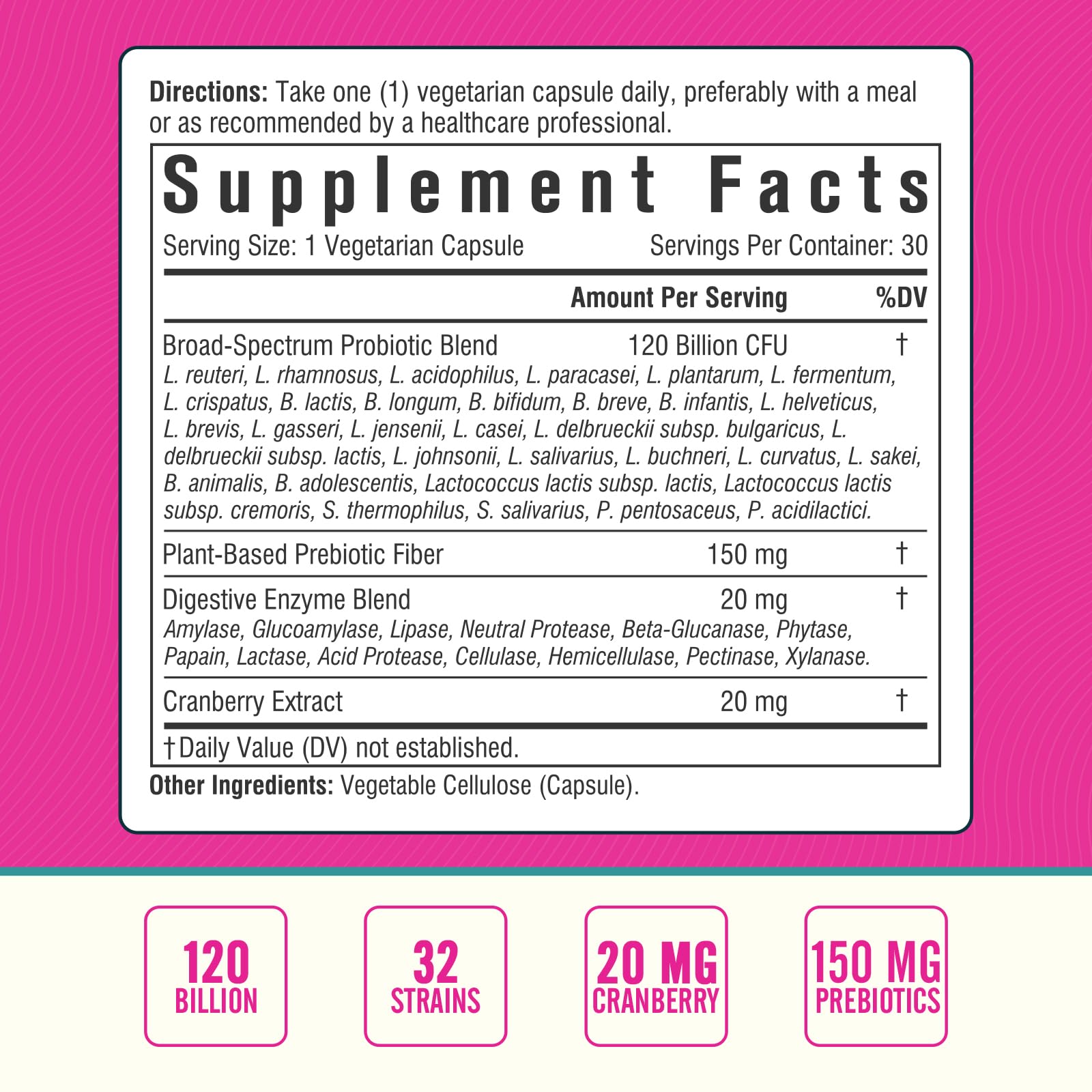 Nordvida Women's Probiotic, 120 Billion & 32 Strains with Cranberry, Prebiotics & Digestive Enzymes, Gut, Vaginal & Urinary Tract Support, 30 Delayed Release Capsules