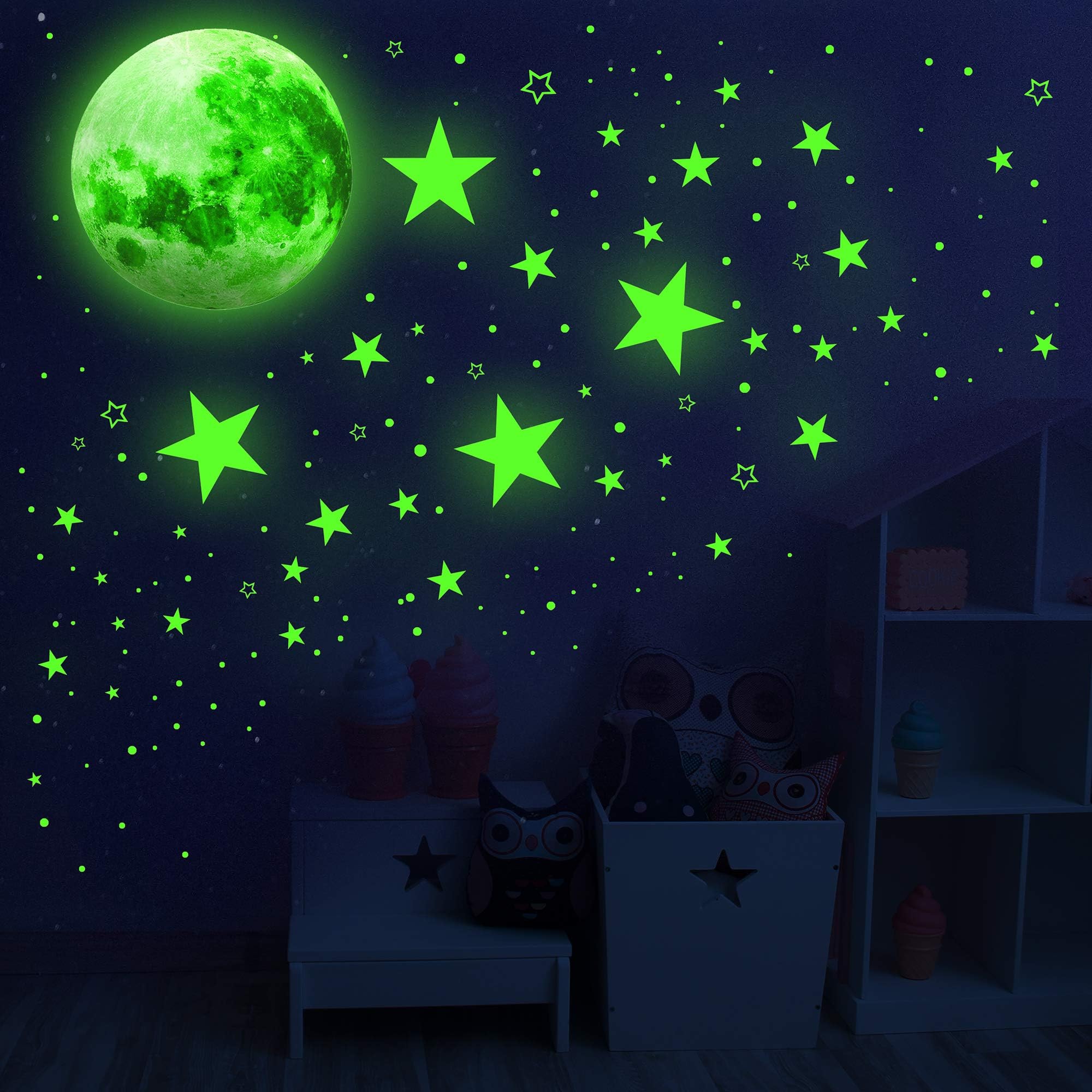 1086Pcs Glow in The Dark Stars, Glow in The Dark Moon for Ceiling Planets Space Wall Stickers Solar System Galaxy Wall Decals for Kids Boys Bedroom Living Room Decoration (Green)