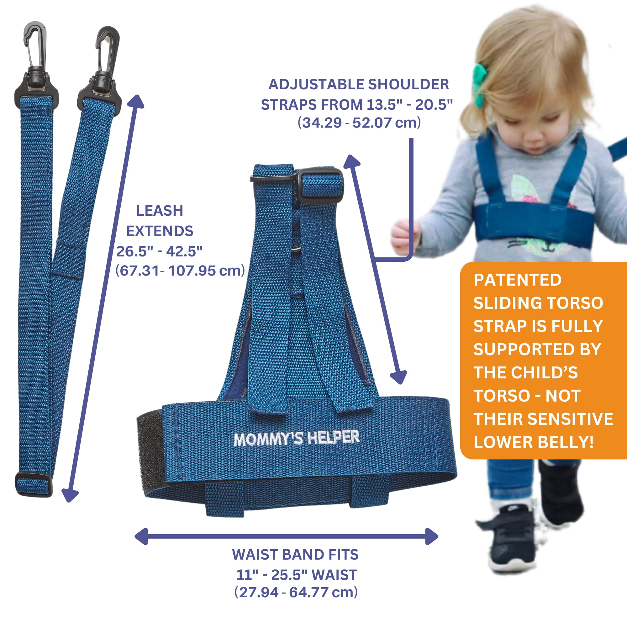 Toddler Leash & Harness for Child Safety - Keep Kids & Babies Close - Padded Shoulder Straps for Children's Comfort - Fits Toddlers w/ Chest Size 14-25.5 Inches - Kid Keeper by Mommy's Helper (Blue)