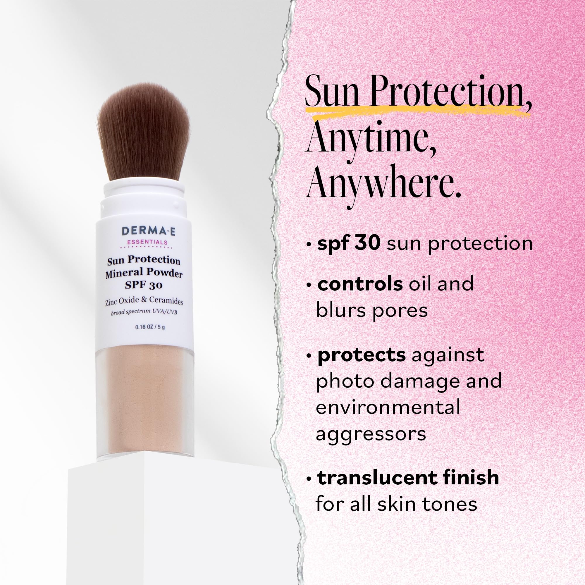 DERMA E Mineral Sunscreen for Face, SPF 30 Brush On Sun Protection Mineral Powder Sunscreen, 0.16 Oz, Mattifying Zinc Oxide & Ceramides, Sets Makeup, Controls Oil, Translucent Finish, All Skin Tones