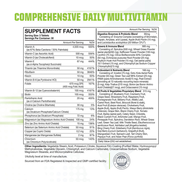 Muscle Pharm Essentials Multi-V+, The Athlete's Multi-Vitamin, Enhanced Energy, Performance & Immune Health, Daily Multivitamin for Men & Women with Minerals Plus Probiotics, 90 Tablets, 30 Servings