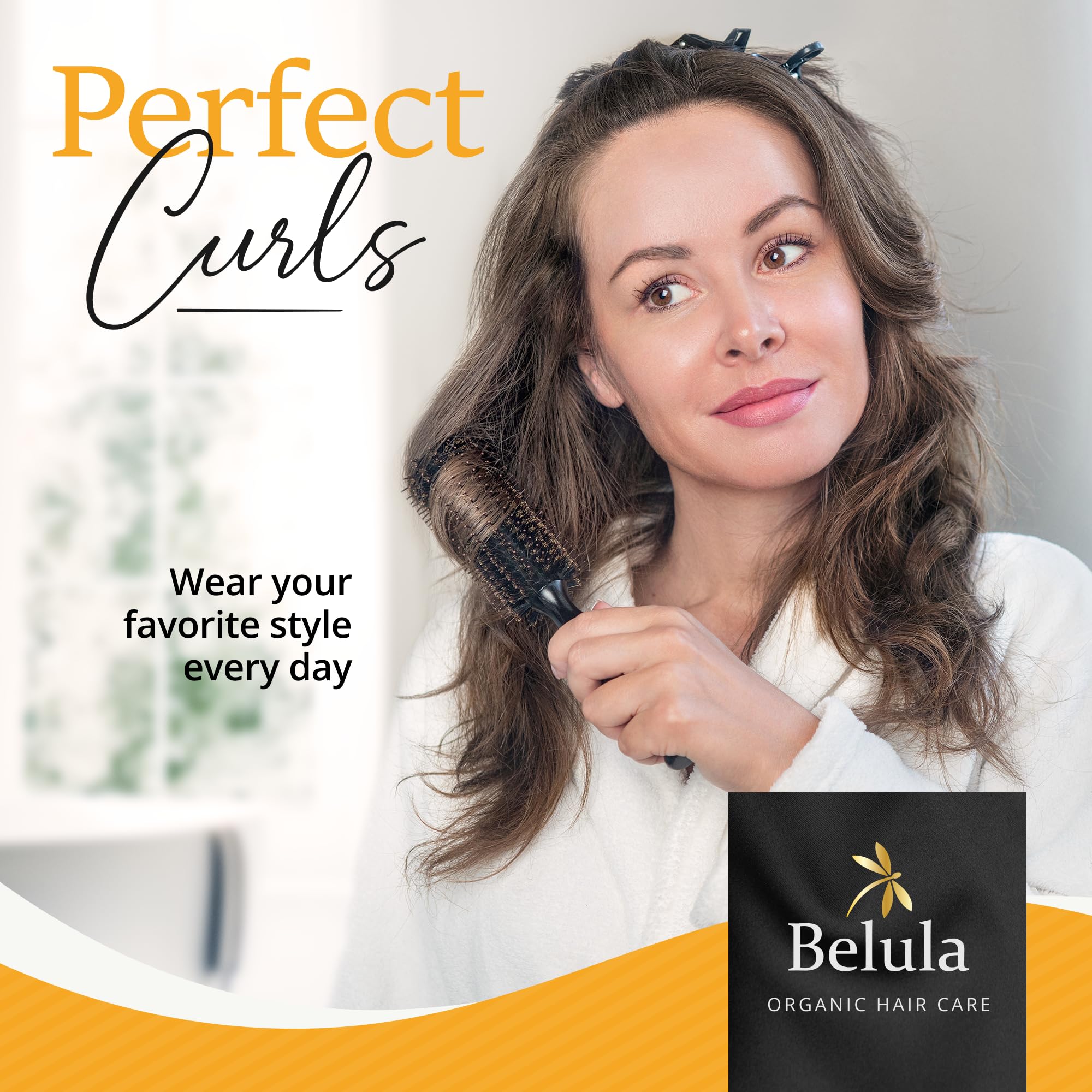Belula Boar Bristle Round Brush for Blow Drying Set. Round Hair Brush With Large 2.7” Wooden Barrel. Hairbrush Ideal to Add Volume and Body. Free 3 x Hair Clips & Travel Bag.