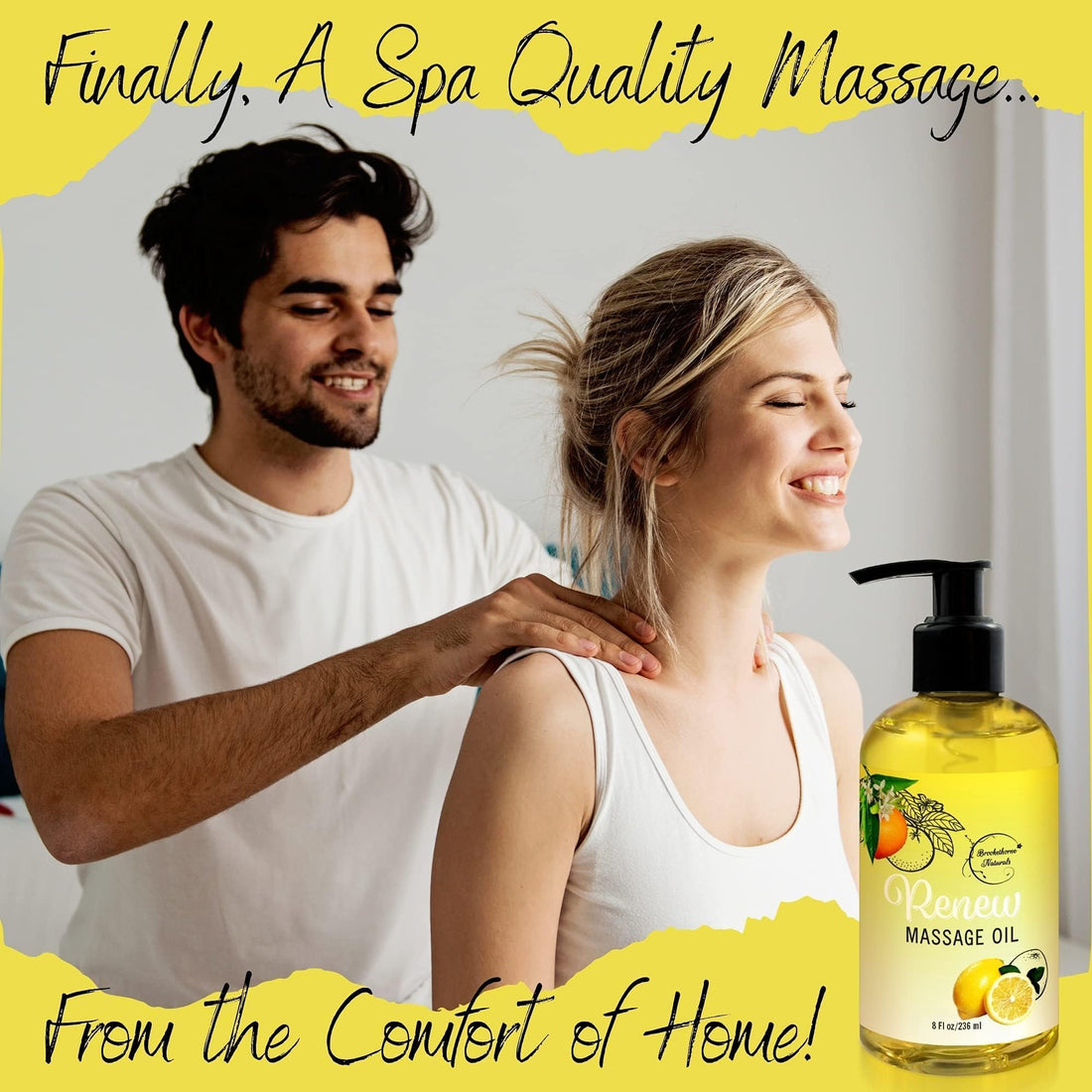 Renew Massage Oil with Orange, Lemon & Peppermint Essential Oils - Great for Massage Therapy or Home use. Ideal for Full Body – with Almond, Grapeseed & Jojoba Oils – by Brookethorne Naturals