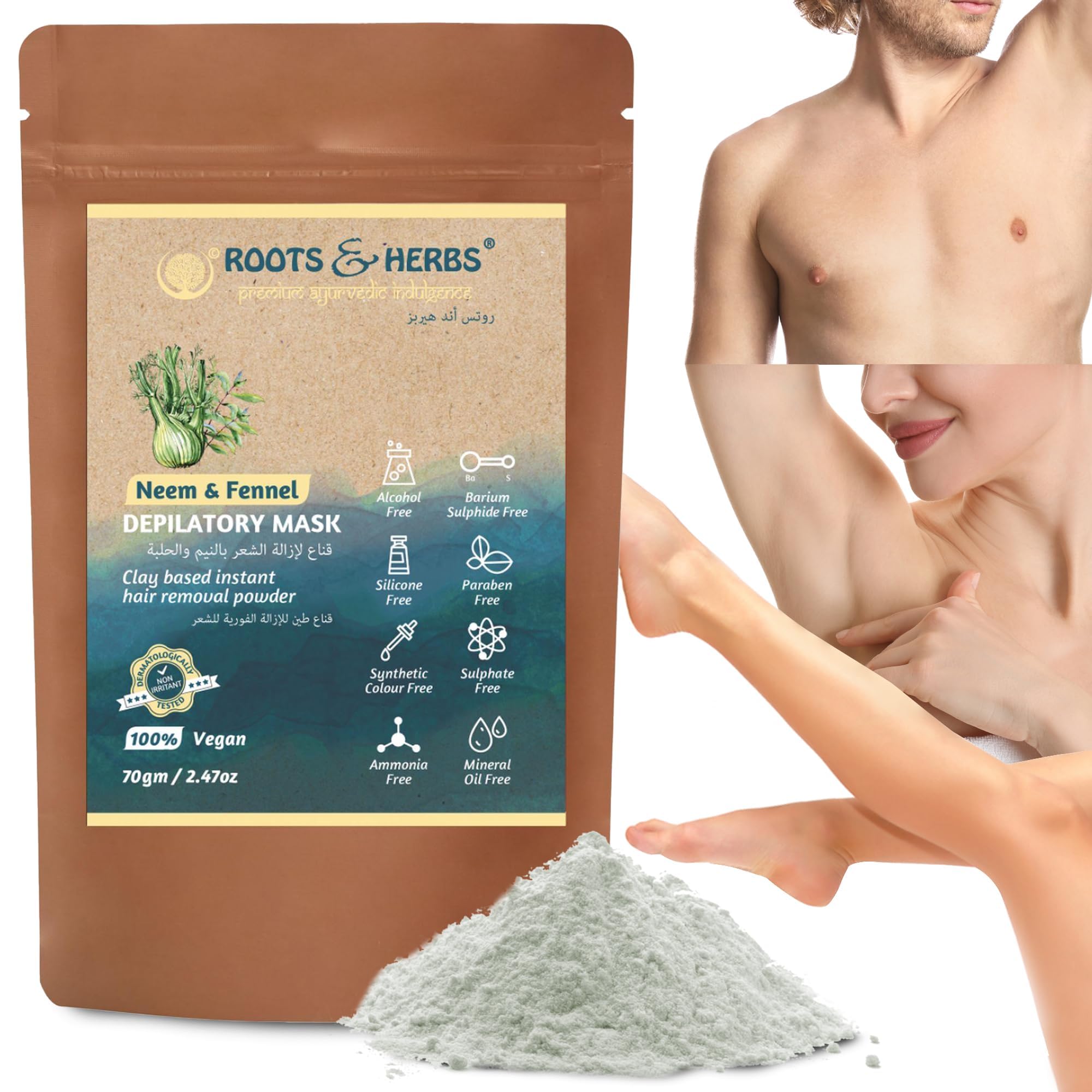 ROOTS AND HERBS Vegan Hair Removal - Neem and Fennel Depilatory Mask - Men and Women's Facial Hair Removal for sensitive skin, Organic Hair remover, Pubic, Bikini, Leg Mask, Powder Waxing (2.47 Ounce)