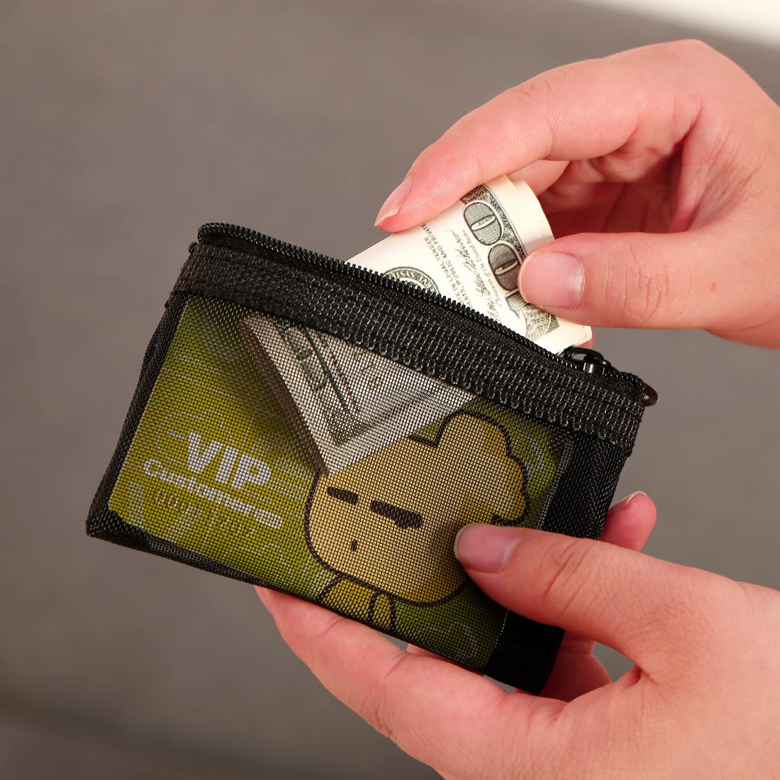 Patu Mini Zipper Mesh Bags, 3 x 4, Size XS / A8, 5 Pieces, Keychain Pouch Key Holder, Coin Purse, Clear Travel Kit Small Item Cosmetic Organizer, Black