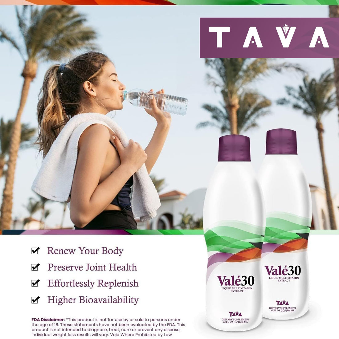 TAVA Valé30 - Liquid Multivitamin - 30-Day Supplement with Vitamin A and B Complex for Men, Women, and Family, Daily Boost Drink - 2 Bottles