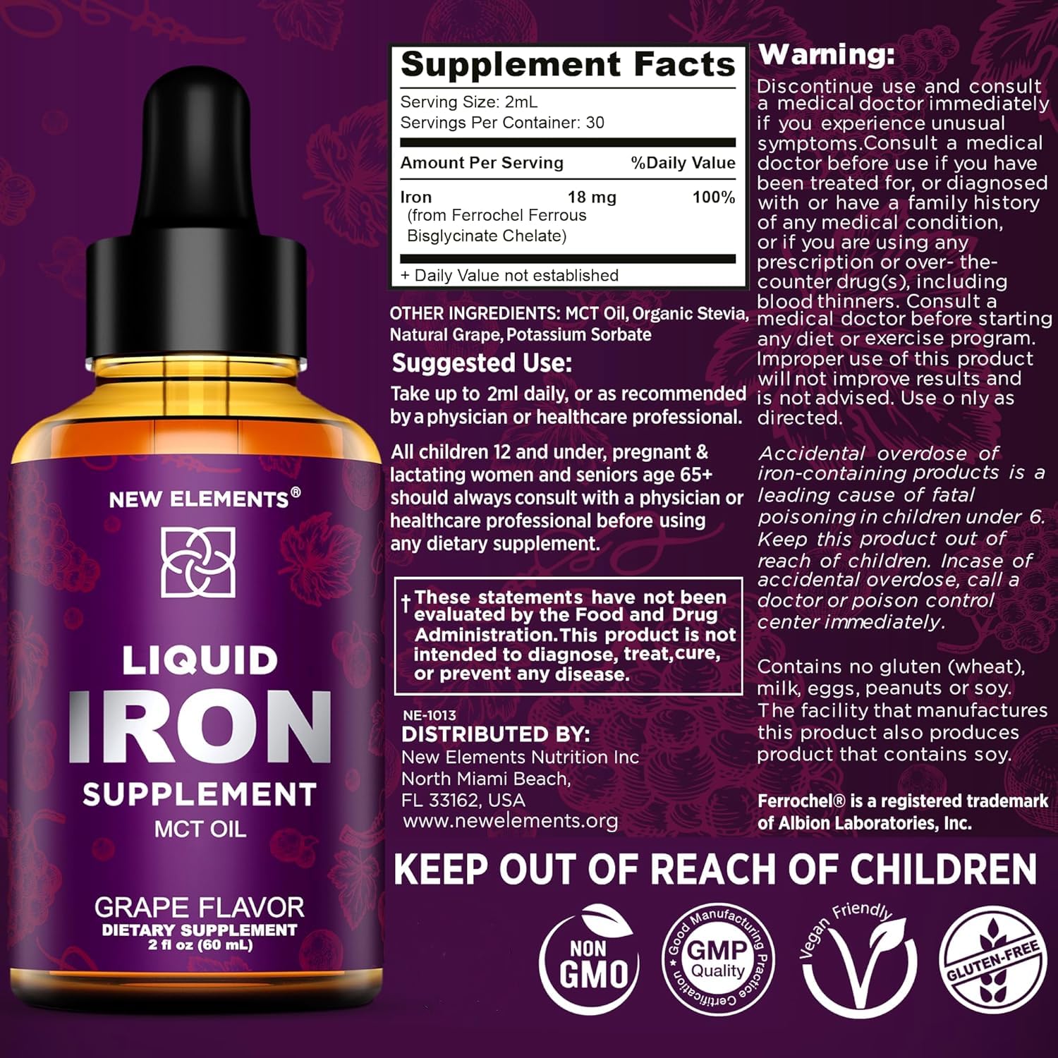 Iron Supplement for Women & Men Free Blood Builder, Iron Vitamin for Anemia | Liquid Iron Drops for Adults with MCT Oil, Natural Grape Flavor, Faster Absorption & Immune Support, 2 Fl Oz