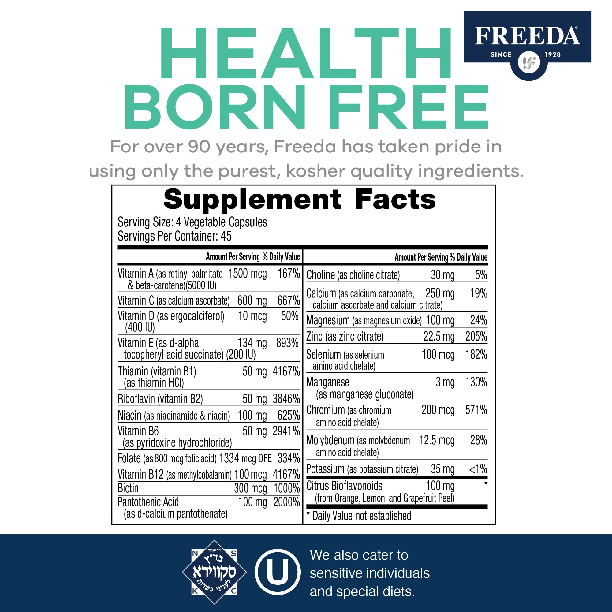 FREEDA Multivitamin – SCD Multivitamin - Kosher Multi Vitamins Supplements for Women Health - Men’s Vitamins for Men Health - Multivitamins for Men & Women Adult Vitamins Multivitamin (180 Count)