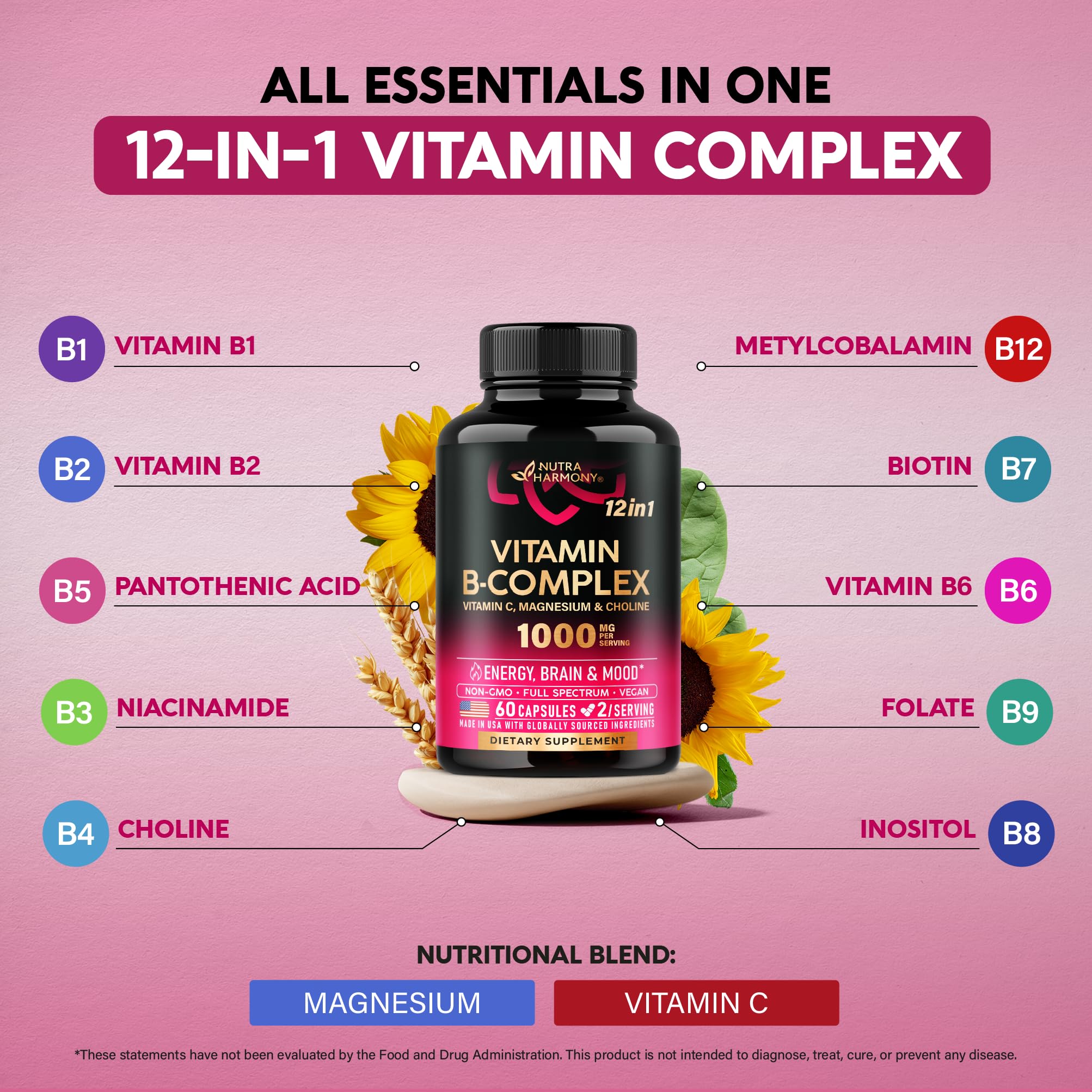Vitamin B Complex for Men & Women - Made in USA - B-Complex: B1, B2, B3, B5, B6, B7, B8, B9, B12 with Vitamin C, Choline, Inositol - Energy, Brain & Heart Support Supplement, 60 Vegan Capsules