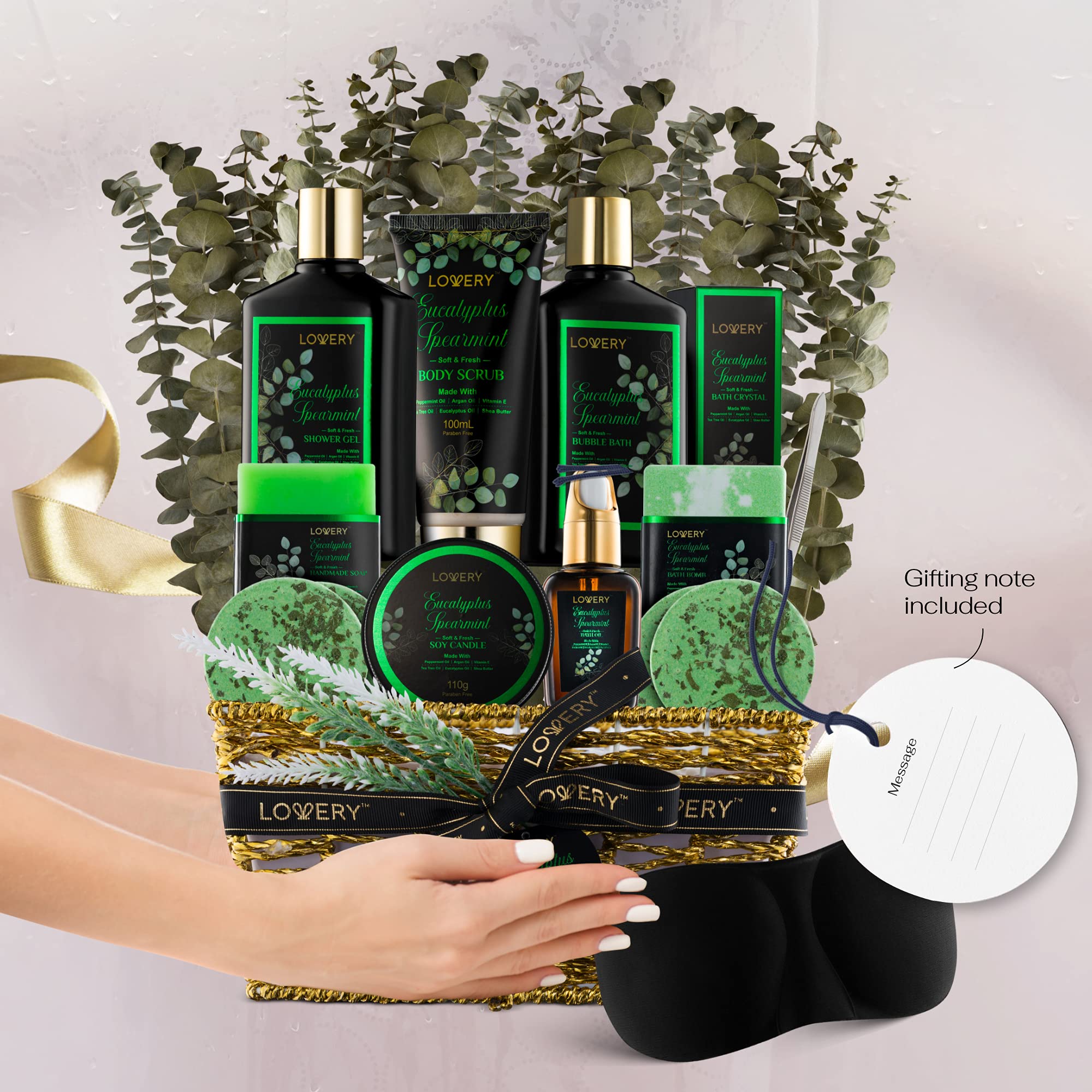 Eucalyptus Spearmint Bath Set, Home Spa Set with Natural Mint Fragrance, 17 Pcs Gift Basket, Eucalyptus Bath Oil, Shower Gel, Bubble Bath, Bath Crystal, Steamer Tablet & More, Best Birthday Gift
