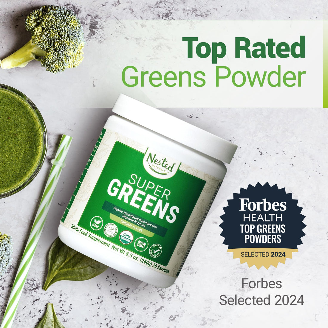 Super Greens Daily Greens Superfood Powder - Certified USDA Organic Green Powder w/20+ Whole Foods, Spirulina Powder, Wheat & Barley Grass - Probiotics, Fiber & Enzymes - Original Flavour, 30 Servings