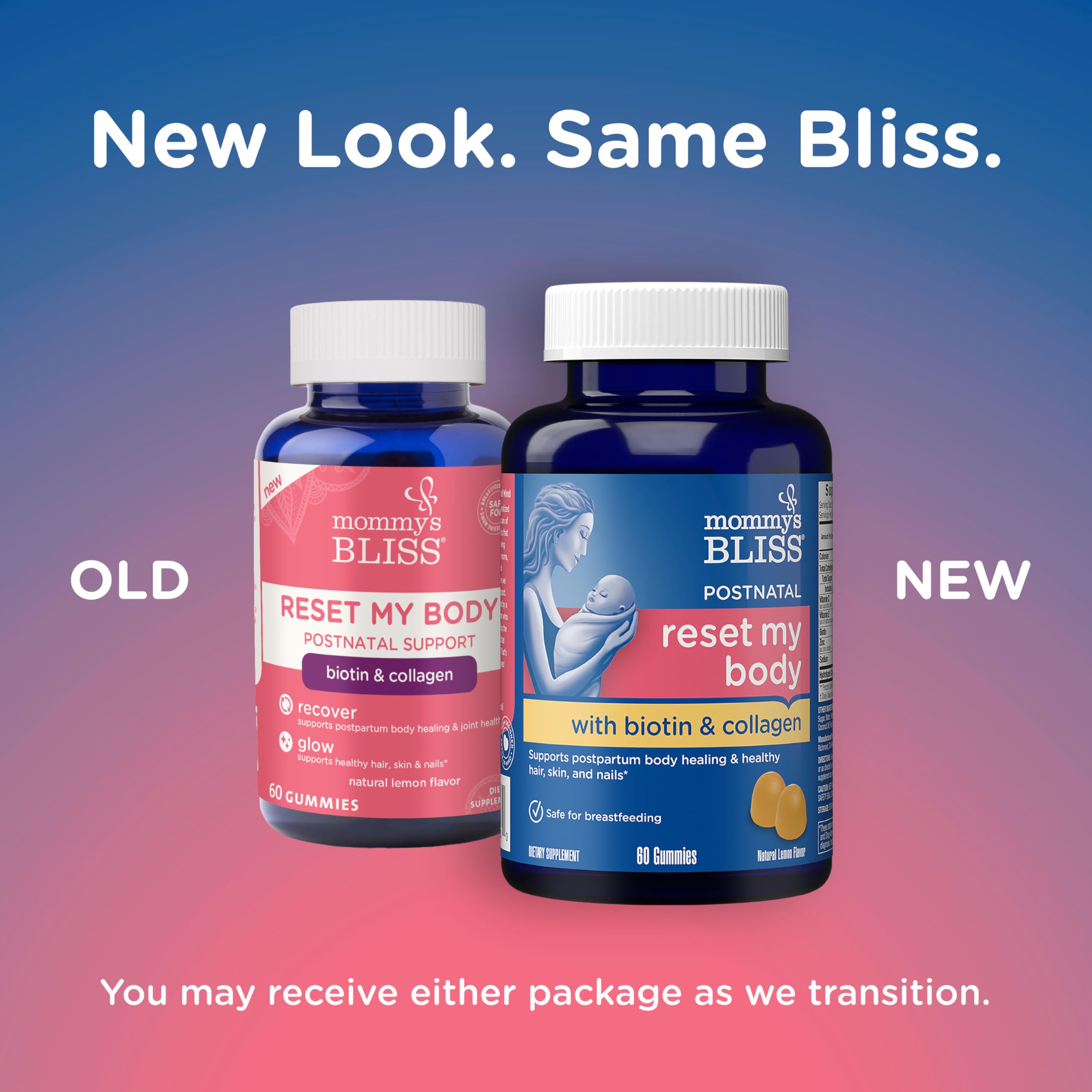 Mommy's Bliss Postnatal Support Reset My Body Gummies with Biotin & Collagen, Supports Postpartum Energy, Healing & Joint Health + Hair, Skin & Nails Health, Gluten Free, 60 Gummies (30 Servings)