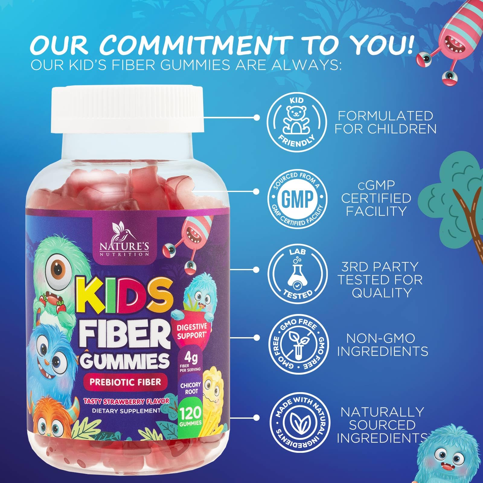 Fiber Gummies for Kids Supplement - Daily Prebiotic Fiber for Kids, Supports Regularity, Digestive Health & Immune Support, Nature's Plant Based Chicory Root Vitamins, Vegan, Berry Flavor, 120 Gummies