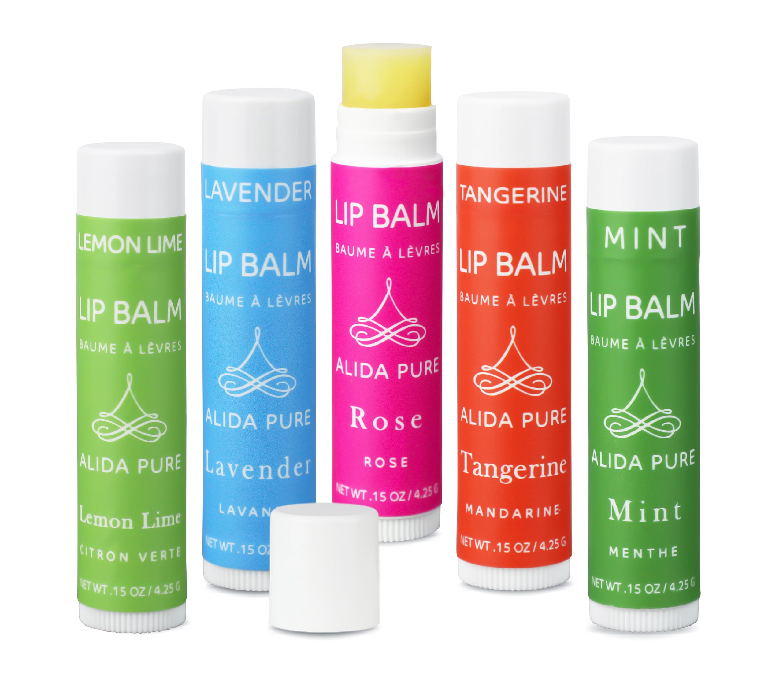PURE + SIMPLE ARIA LIP BALM COLLECTION, VEGAN, SET OF 5 TUBES KEY LIME, LAVENDER, ROSE, PEPPERMINT, TUSCAN ORANGE, AVOCADO OIL, JOJOBA OIL, SOOTHES AND HEALS.