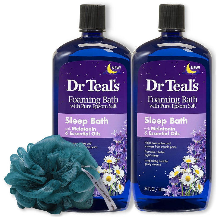 Dr. Teal's Melatonin Foaming Bath 34oz (Pack of 2) with Variety Junction Premium Bath & Shower Sponge - Sleep Inducing Bubble Bath