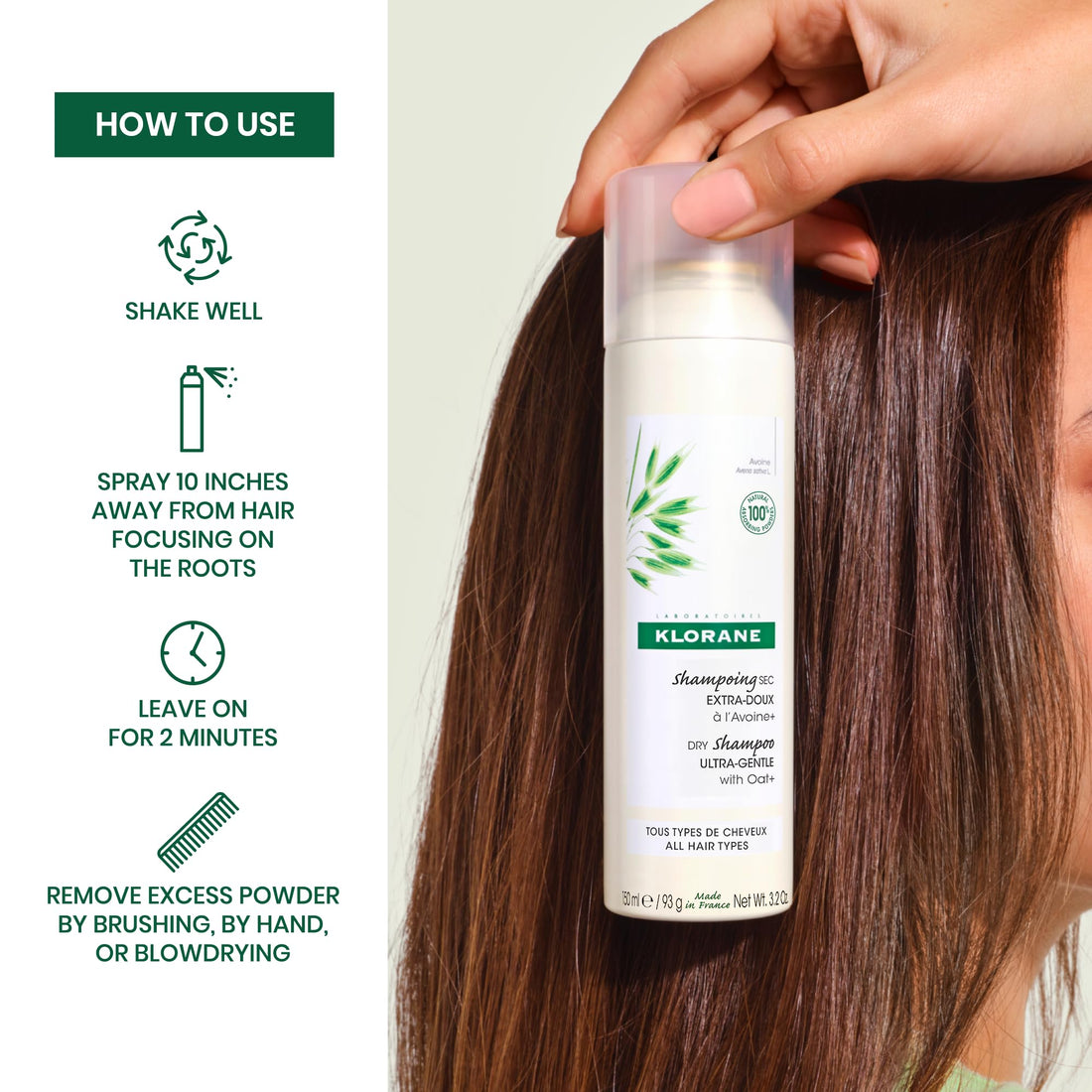 Klorane Dry Shampoo with Oat Milk, Ultra-Gentle, All Hair Types, No White Residue, Paraben & Sulfate-Free, 3.2 oz.