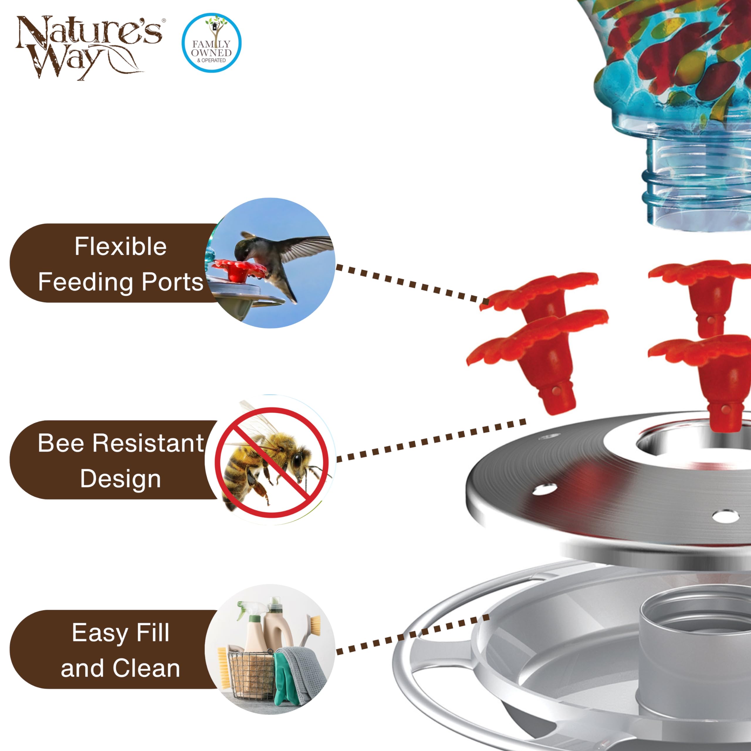 Nature's Way Bird Products Sunny Day AGF3 Hand Blown Artisan Gravity Hummingbird Feeder, 28 Oz