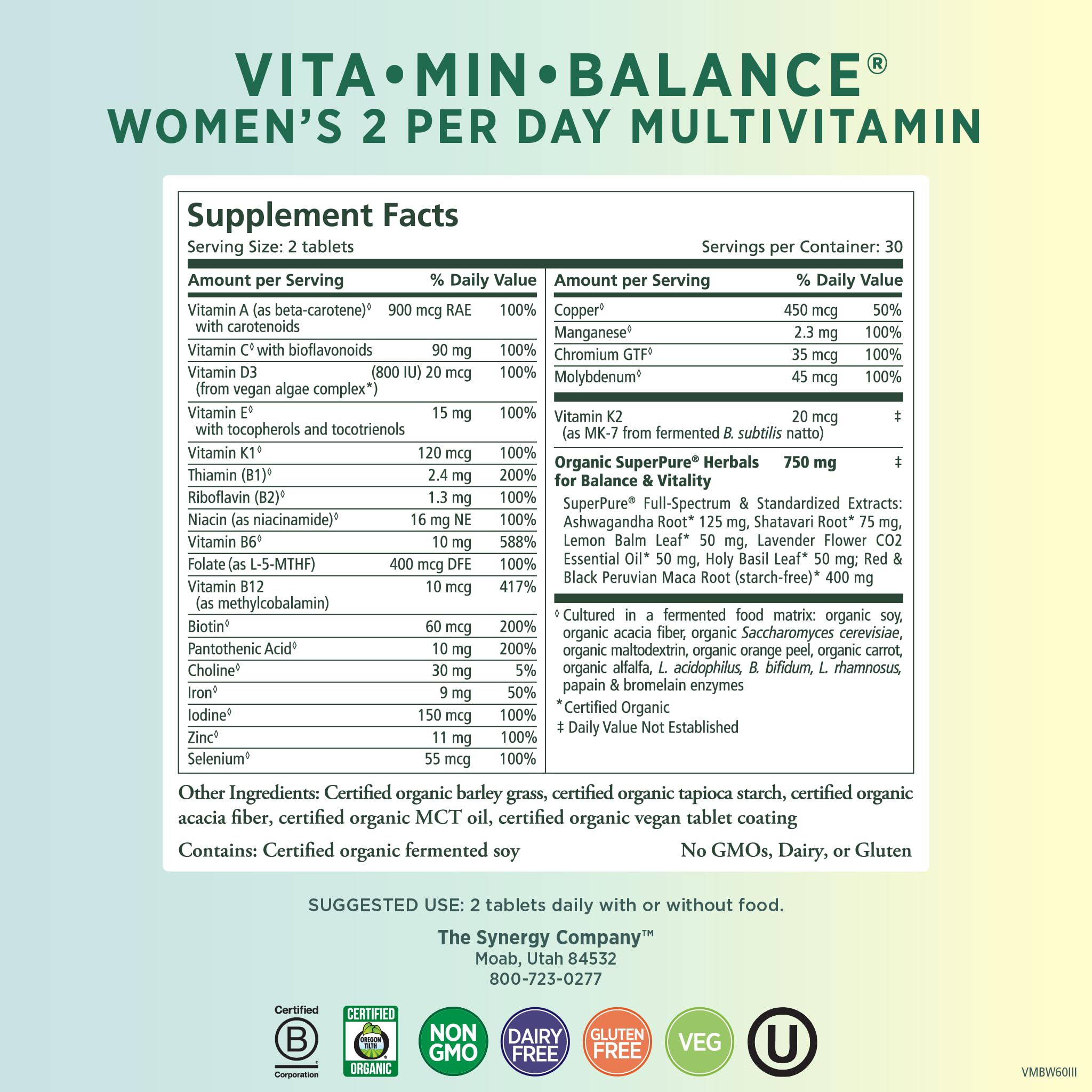 PURE SYNERGY Vita·Min·Balance | Multivitamin for Women with Iron | Women’s Daily Multivitamin Made with Organic Whole Foods | for Balanced Energy and Stress Support (60 Tablets)