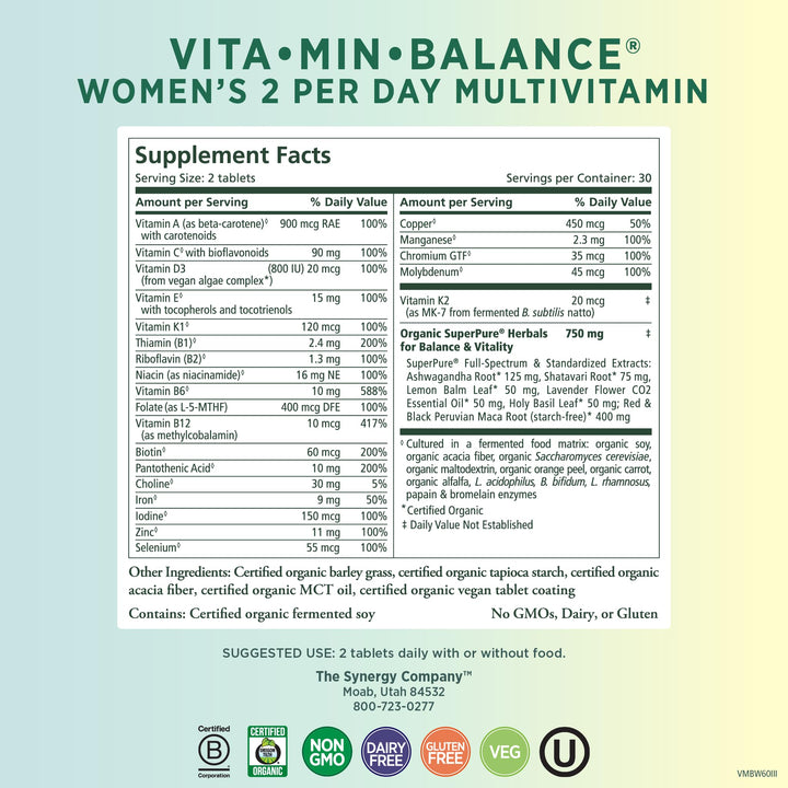PURE SYNERGY Vita·Min·Balance | Multivitamin for Women with Iron | Women’s Daily Multivitamin Made with Organic Whole Foods | for Balanced Energy and Stress Support (60 Tablets)