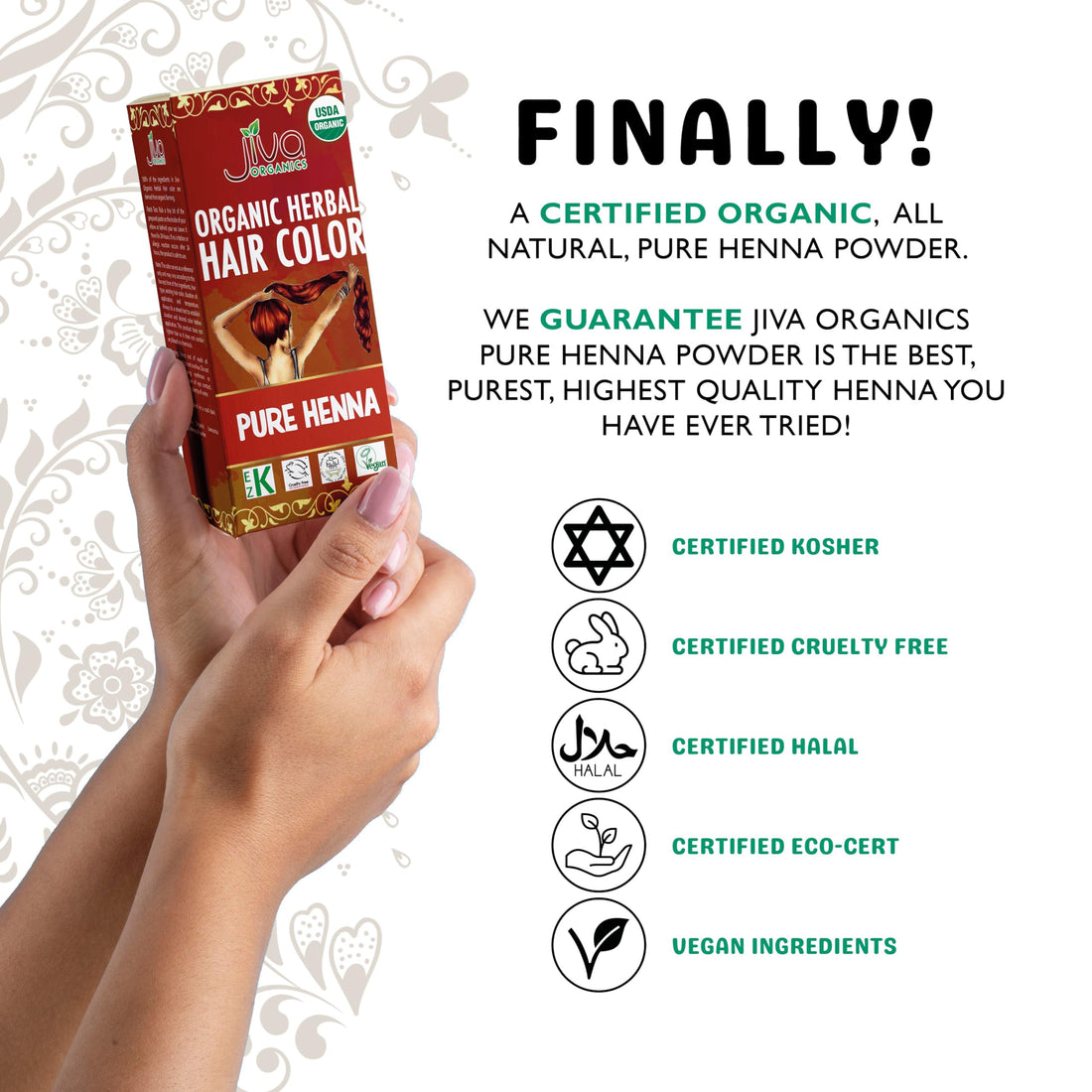 Jiva Organic Henna Powder For Hair - 100% Pure, Certified Organic Natural Hair Colorant - NO Chemicals, Kosher, Vegan, Cruelty Free