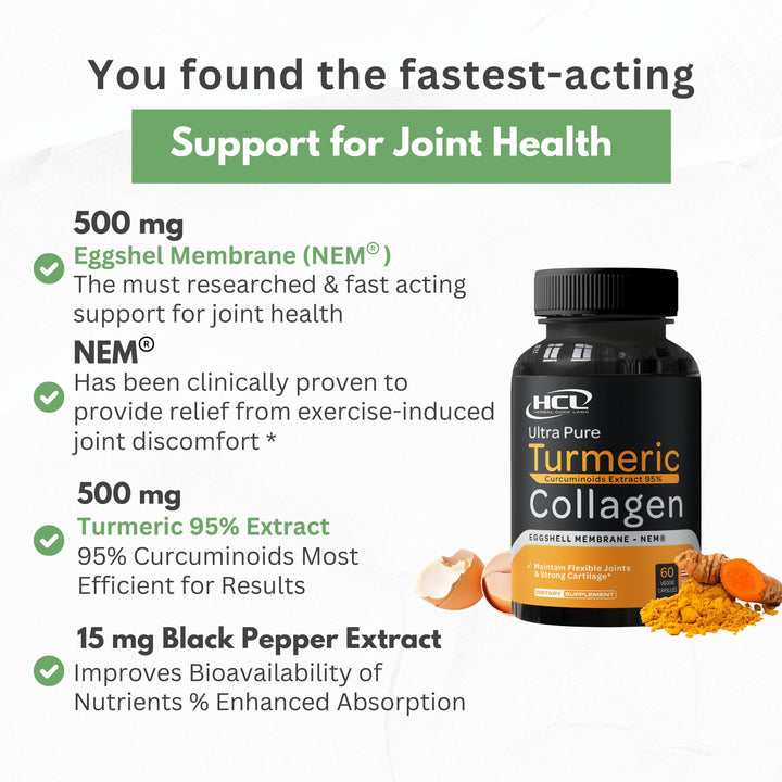 Turmeric Curcumin 95% Extract & Collagen Capsules - NEM Promotes Joint Comfort & Flexibility - Eggshell Membrane w Naturally Occurring Glucosamine Chondroitin Hyaluronic Acid Joint Supplement