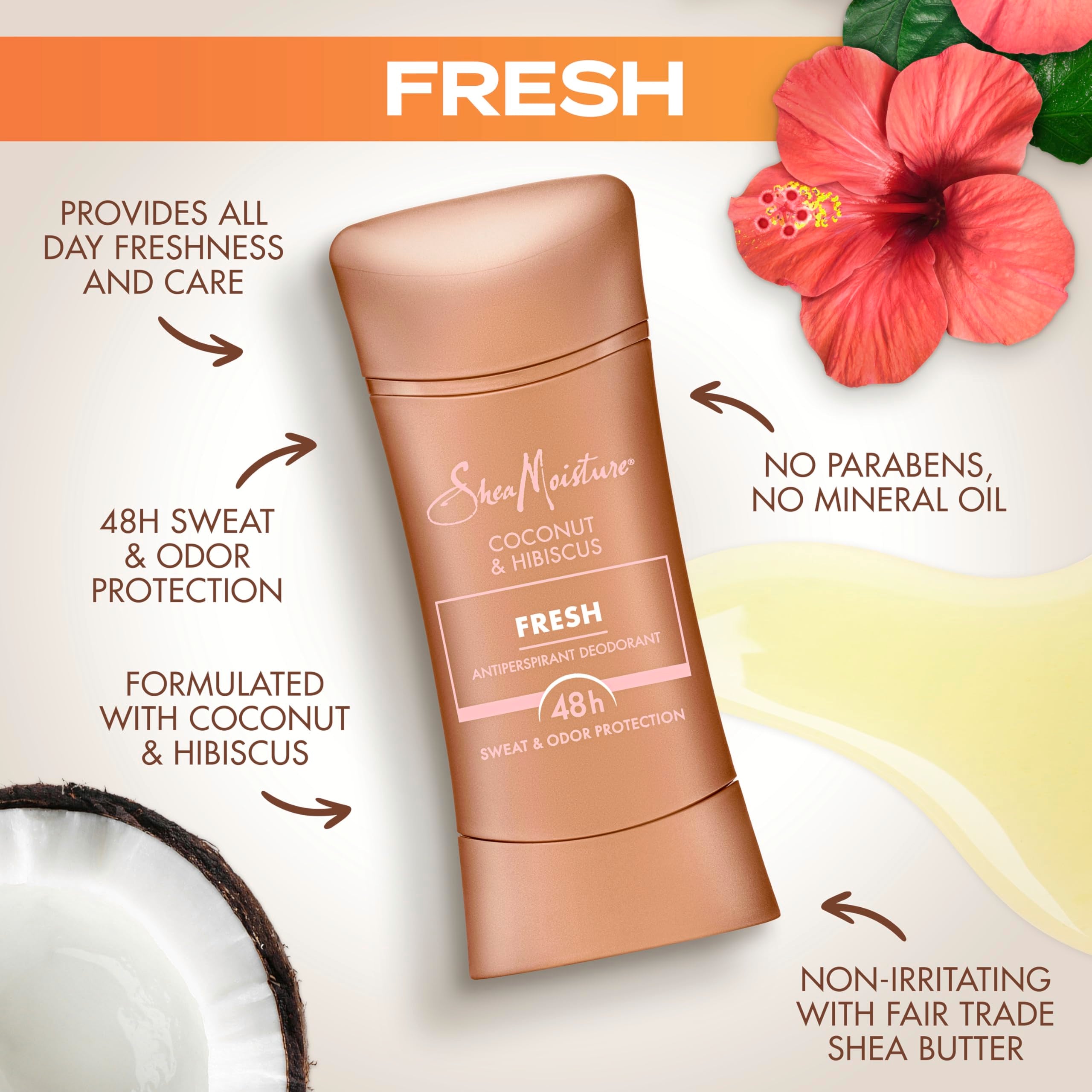 SheaMoisture Antiperspirant Deodorant Stick Fresh Coconut & Hibiscus 2 Count for 48HR Sweat & Odor Protection with No Parabens & No Mineral Oil 2.6 oz