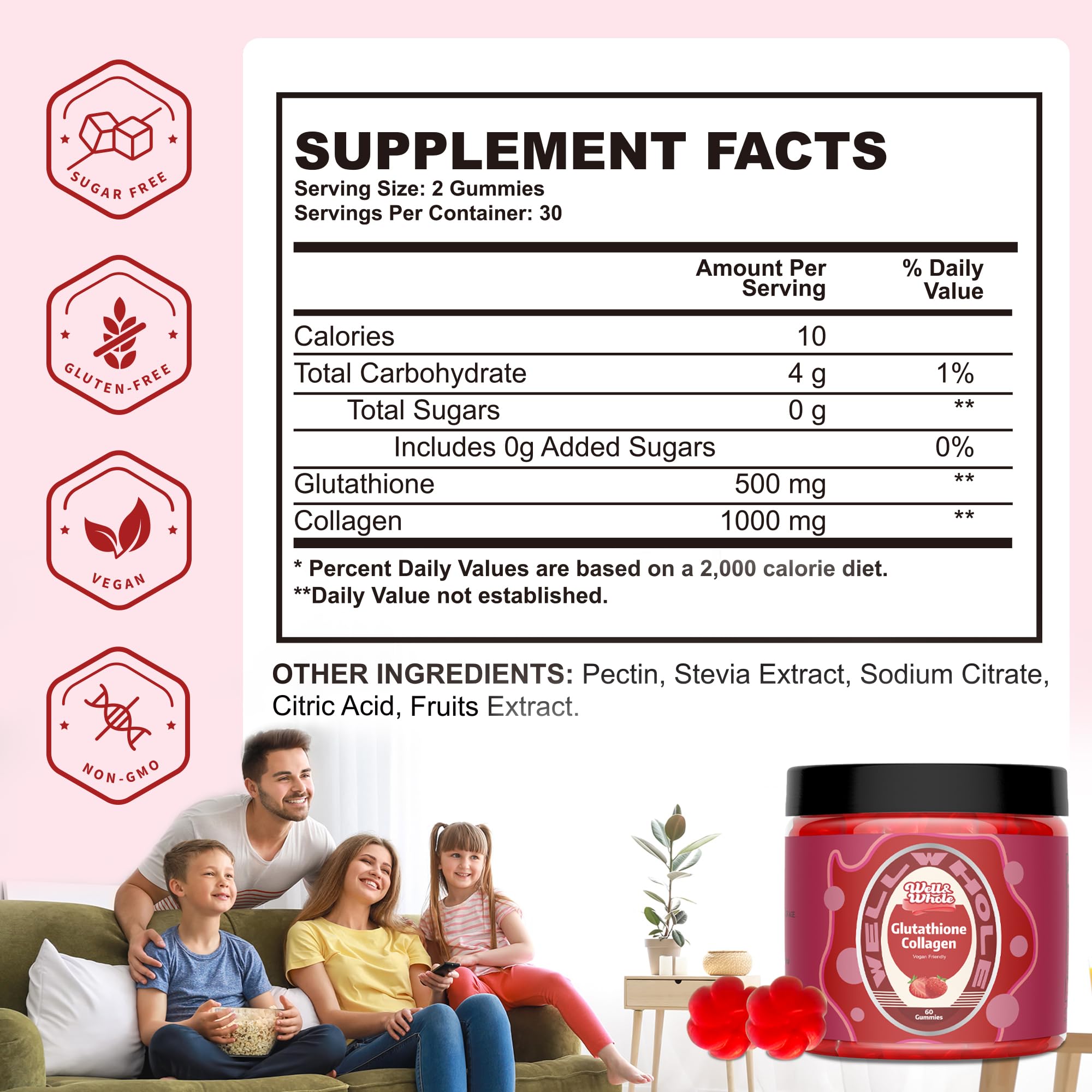 Well&Whole Glutathione Collagen Glow Gummies, Glow Beauty Collagen Gummies for Women, Strawberry Flavor, 60 Counts