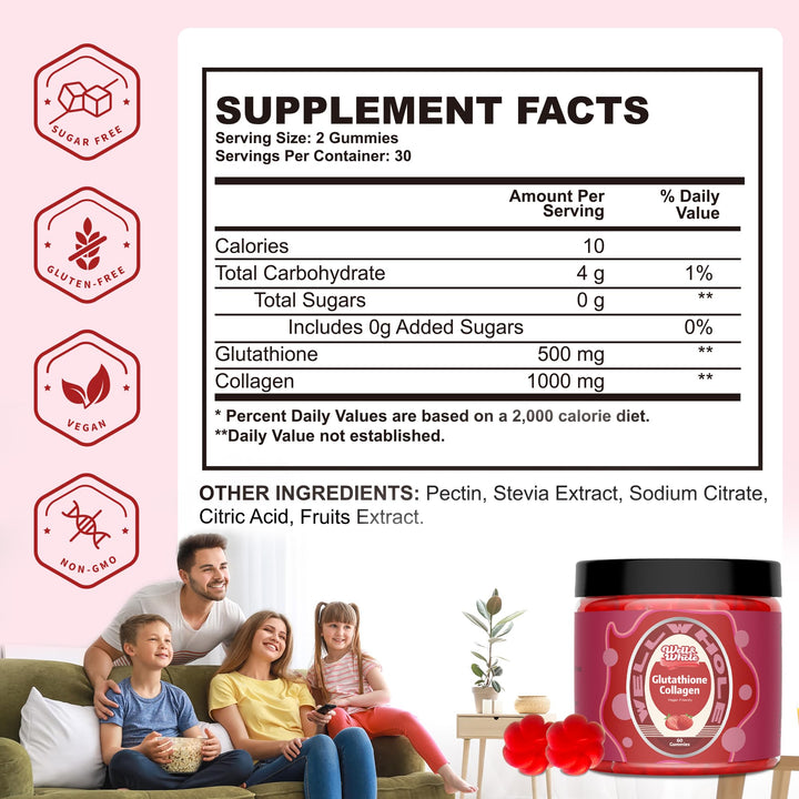 Well&Whole Glutathione Collagen Glow Gummies, Glow Beauty Collagen Gummies for Women, Strawberry Flavor, 60 Counts