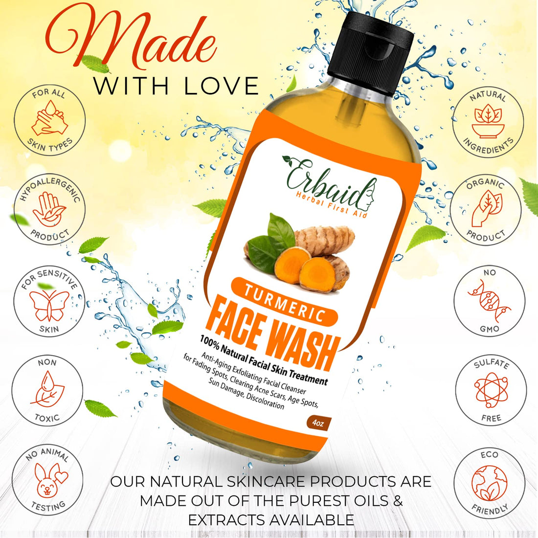 Erbaid Turmeric Face Wash, 4oz Clear Skin Liquid Soap – 100% Natural Exfoliating Turmeric Facial Cleanser – Turmeric Brightening Soap Skin Detox Treatment Made in USA