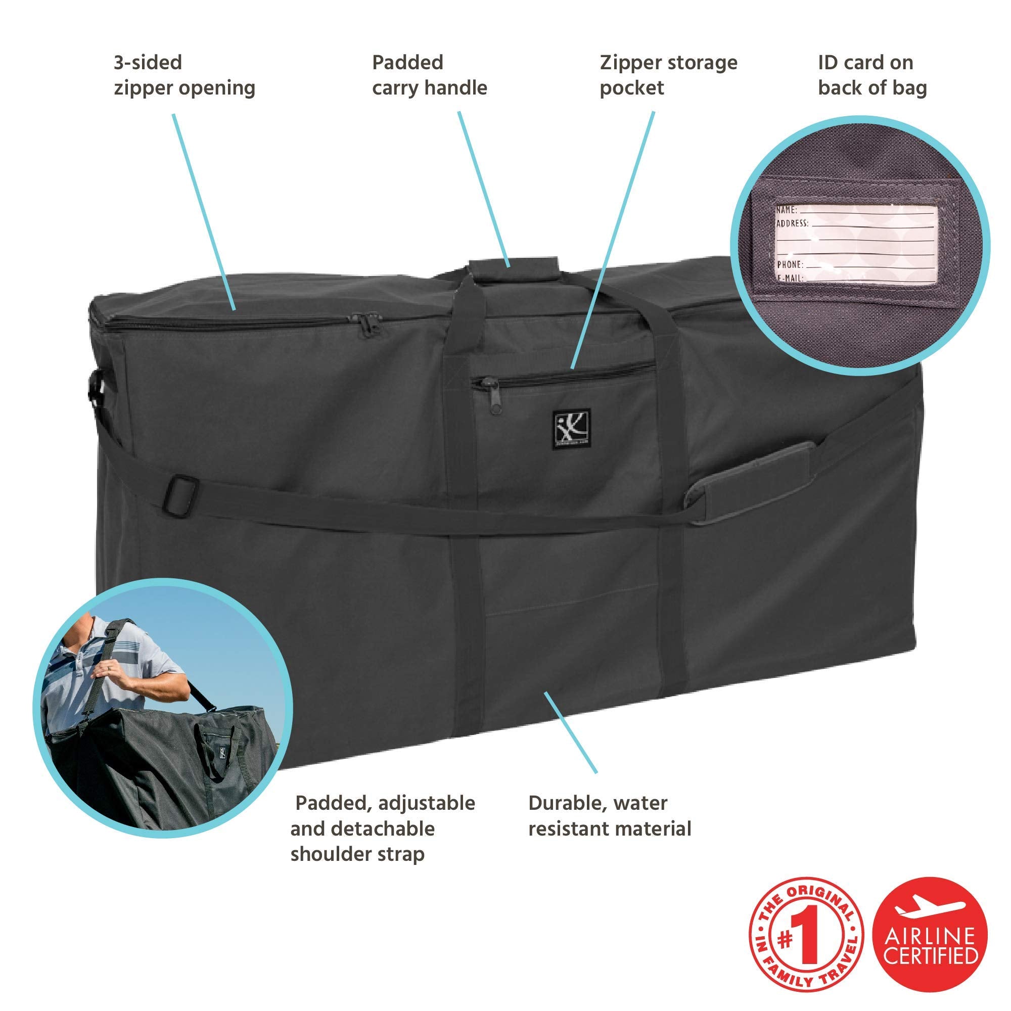 J.L. Childress Stroller Travel Bag for Single & Double Strollers - Durable and Protective Stroller Bag - Carry Handles and Detachable Padded Shoulder Strap - Black